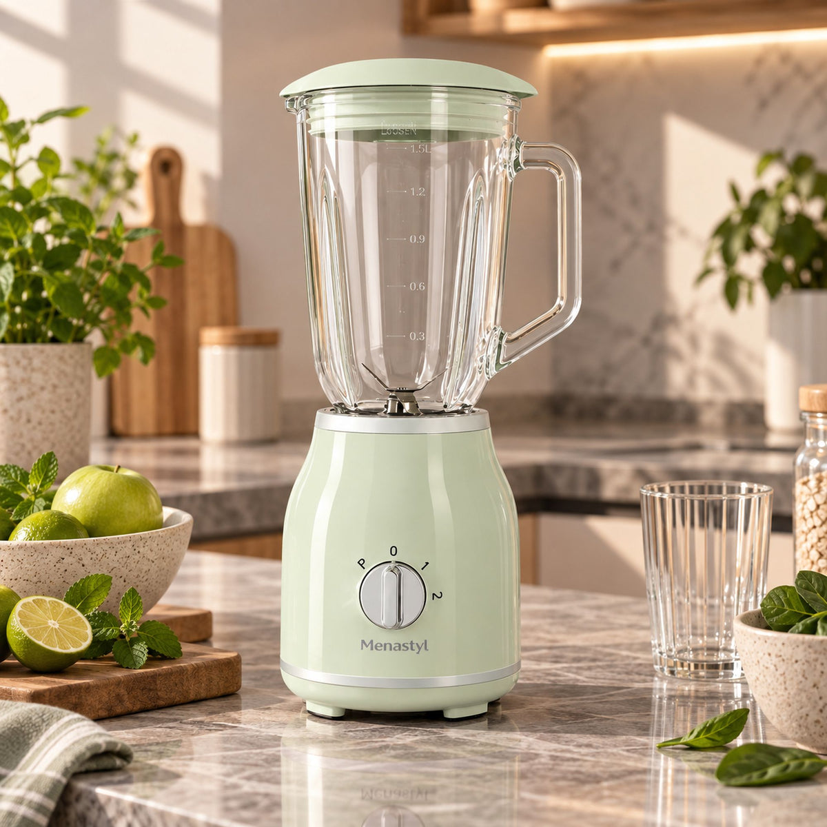 Blender rétro 1,5L vert pastel avec bol en verre sur plan de travail cuisine moderne avec fruits frais