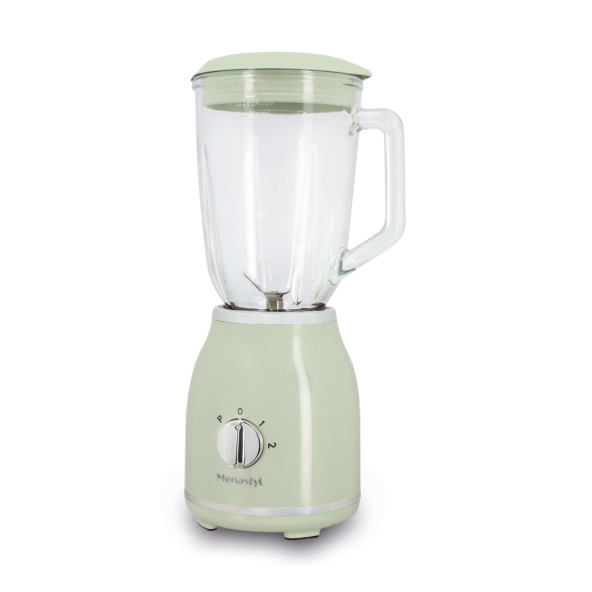 Blender rétro Menastyl 1,5L vert pastel avec bol en verre et bouton de réglage, vue de face sur fond blanc