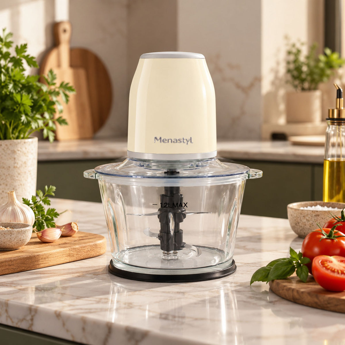 Hachoir électrique rétro Menastyl 1,2L en verre transparent sur plan de travail avec ingrédients frais