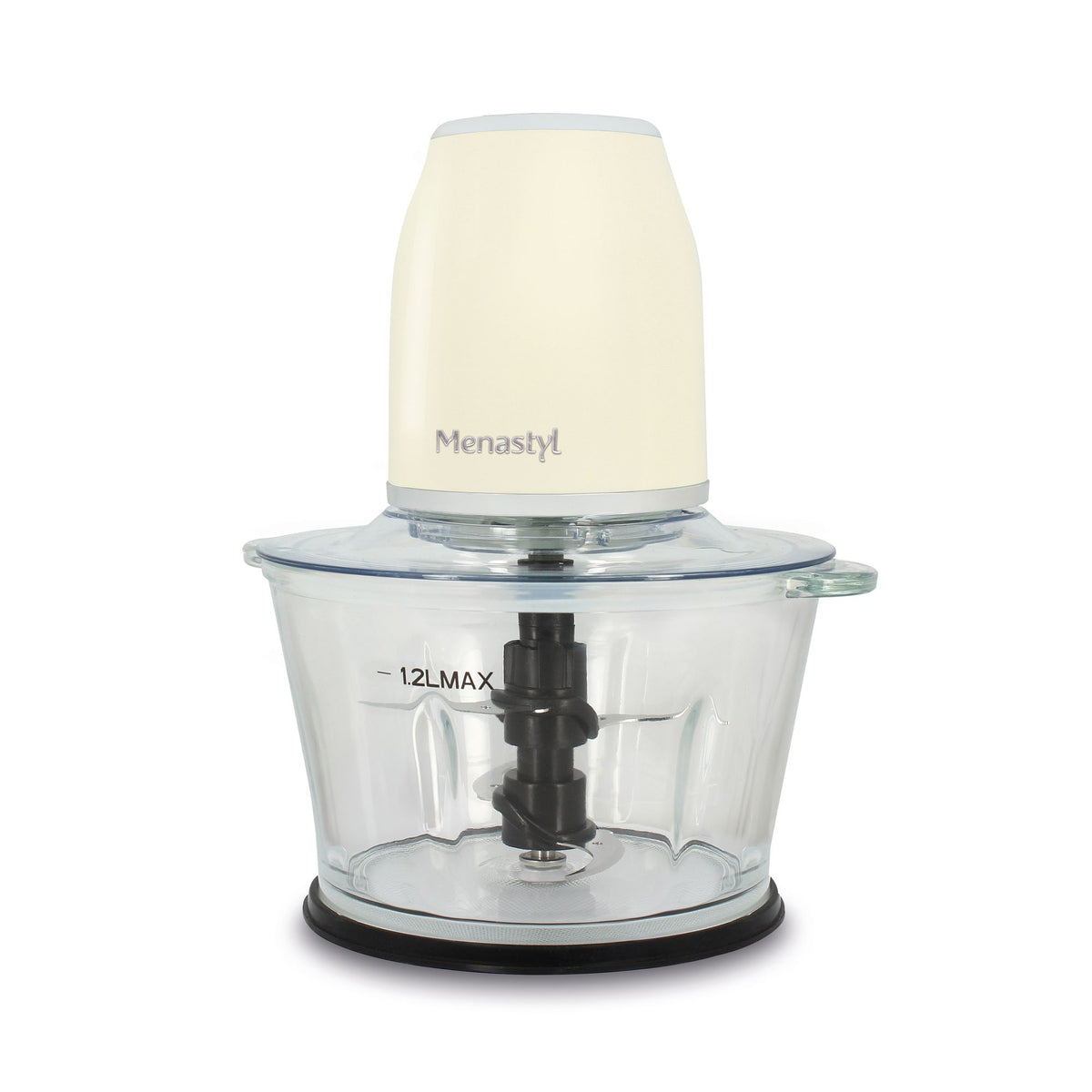 Hachoir électrique rétro crème 1,2L avec bol en verre transparent et lames visibles, vue de face
