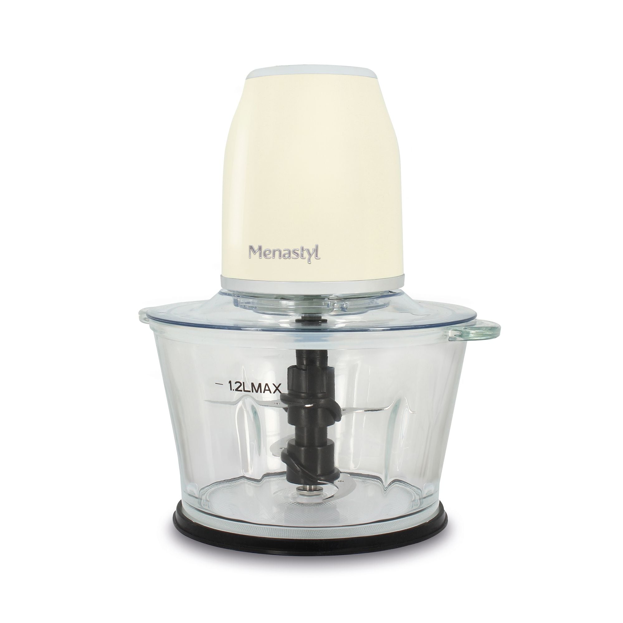 Hachoir électrique rétro 1,2L beige avec bol en verre transparent et lames noires, vue de face complète