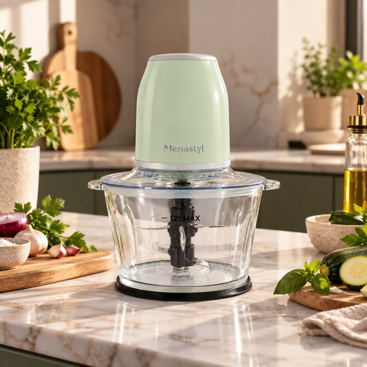 Hachoir électrique rétro vert menthe 1,2L avec bol transparent en verre, posé sur plan de travail marbre dans cuisine moderne