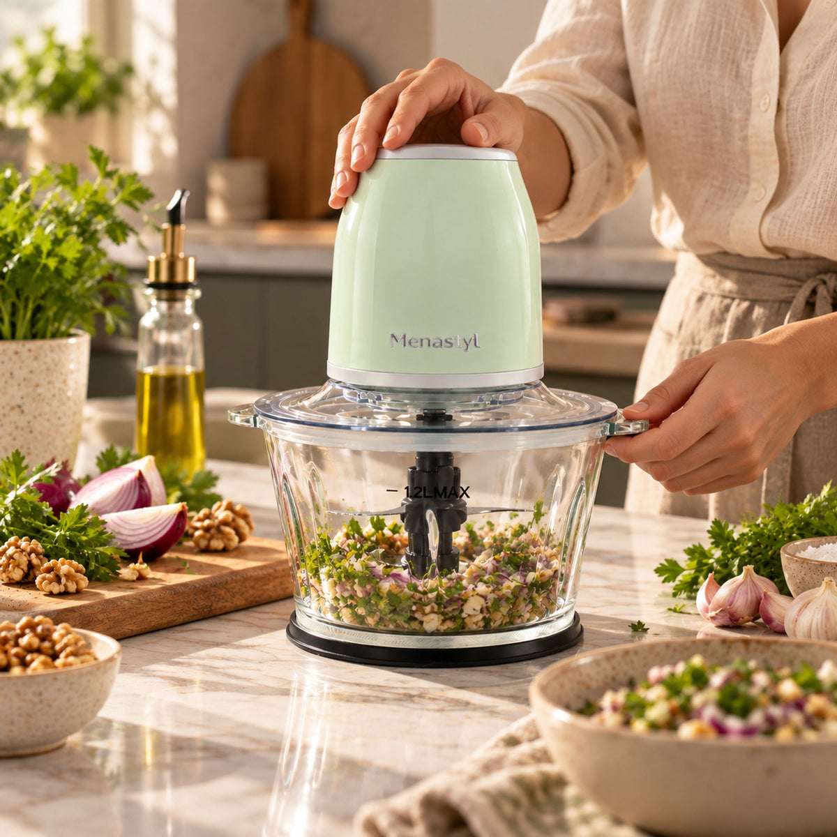 Hachoir électrique rétro vert menthe 1,2L avec bol en verre transparent, utilisation en cuisine avec herbes et noix hachées