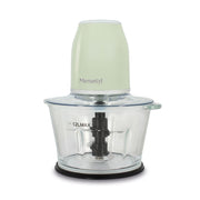 Hachoir électrique rétro Menastyl 1,2L vert pastel avec bol en verre transparent, vue de face sur fond blanc