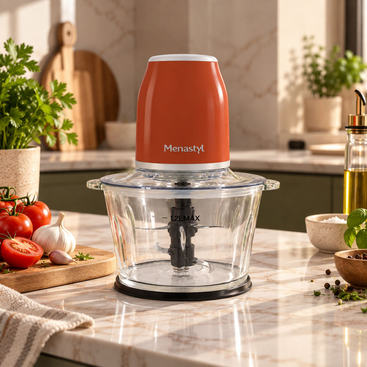 Hachoir électrique rétro 1,2L couleur terracotta sur plan de travail cuisine avec ingrédients frais