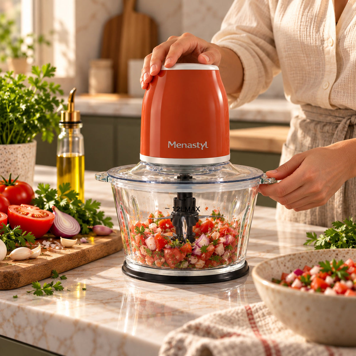 Hachoir électrique rétro Menastyl orange en action dans cuisine, contenant en verre avec salsa fraîche hachée