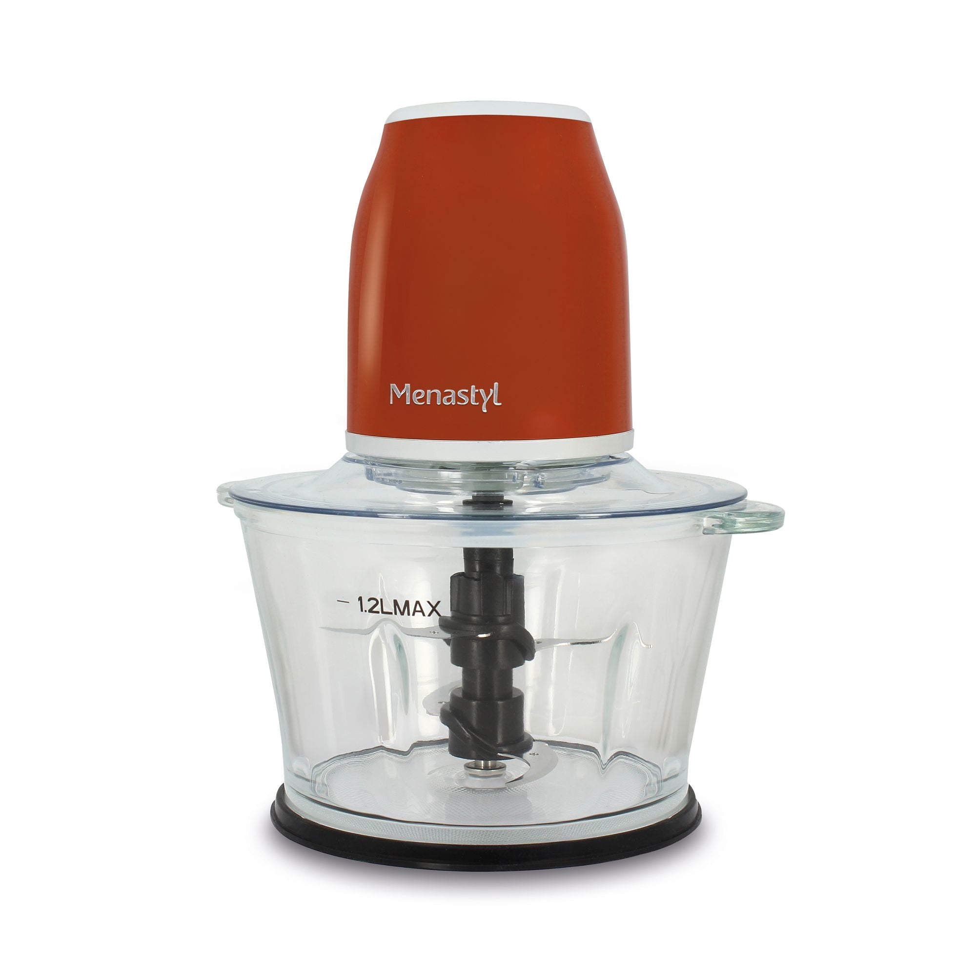 Hachoir électrique rétro orange et blanc avec bol en verre transparent 1,2L, vue de face sur fond blanc