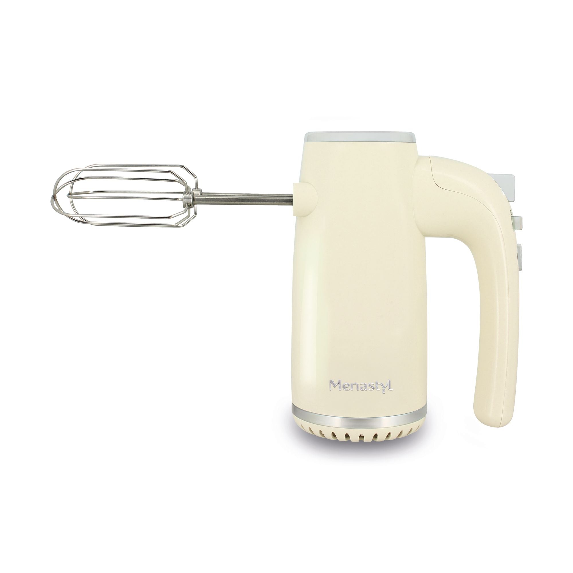 Batteur électrique rétro beige avec fouet inox, vue latérale sur fond blanc