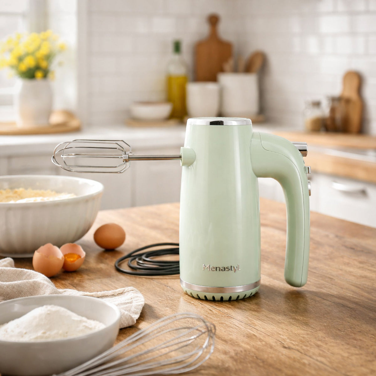 Batteur électrique rétro vert pastel Menastyl 400W sur plan de travail avec œufs et fouets inox