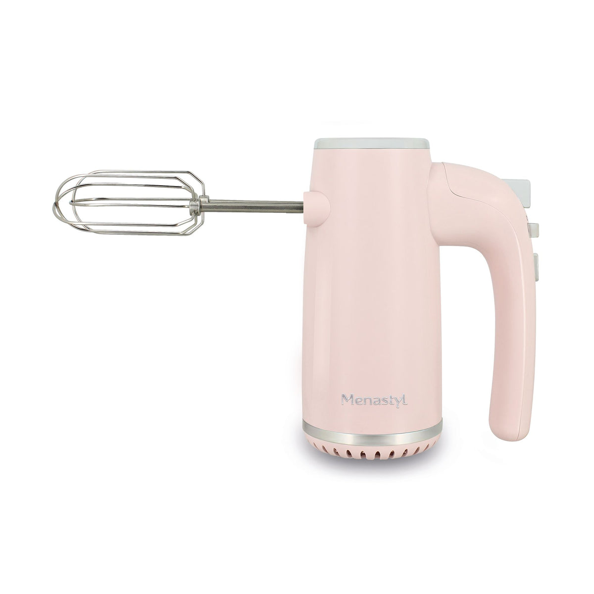 Batteur électrique rétro rose poudré 400W avec fouets inox, vue latérale sur fond blanc