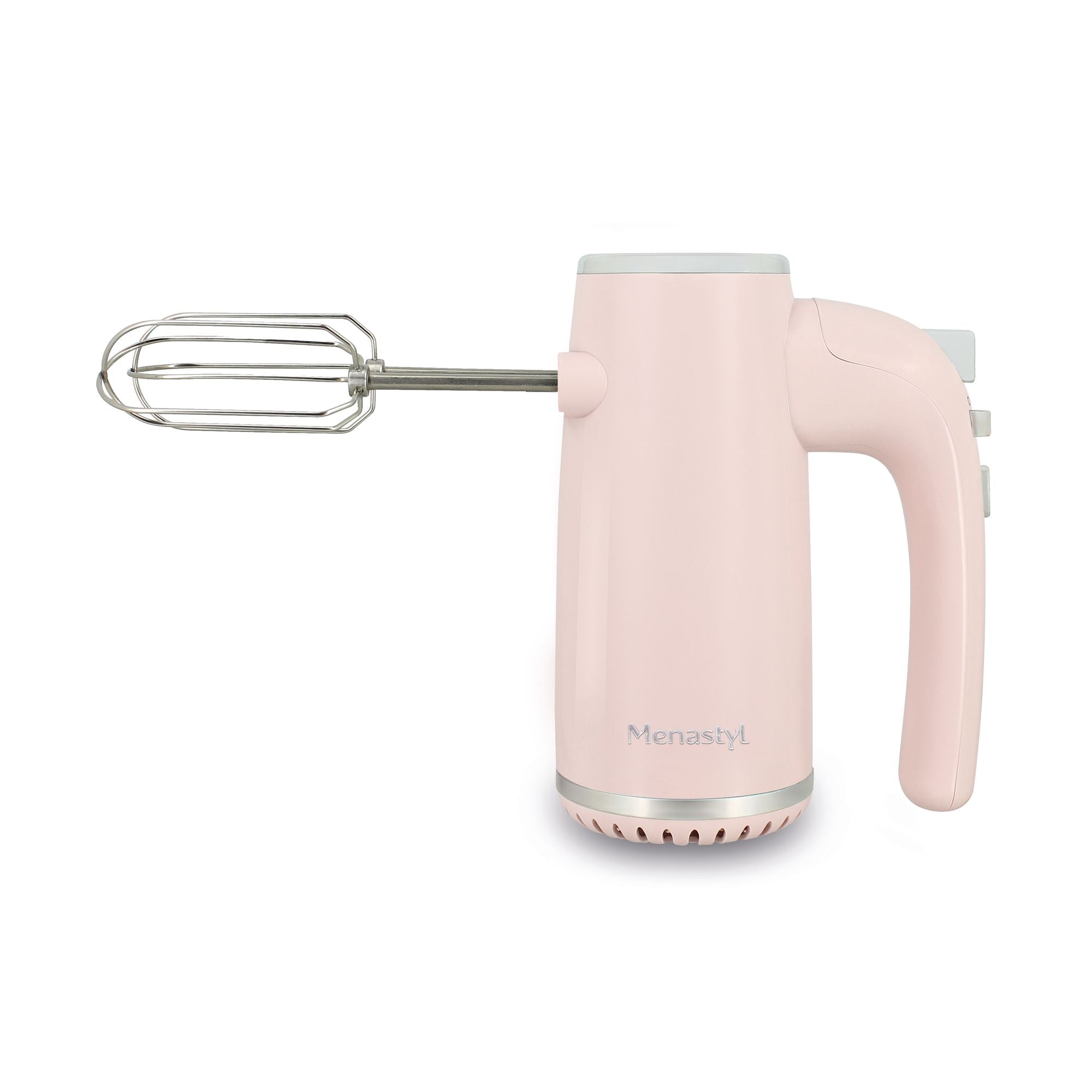 Batteur électrique rétro rose poudré avec fouets en acier inoxydable, vue latérale complète sur fond blanc