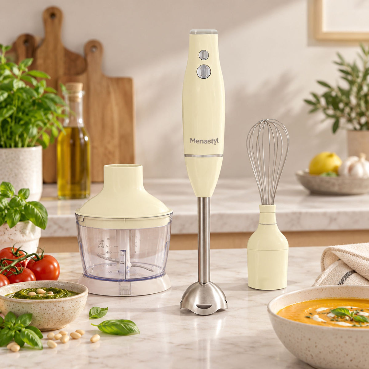 Mixeur multifonction 3 en 1 rétro crème avec accessoires hachoir et fouet sur plan de travail cuisine