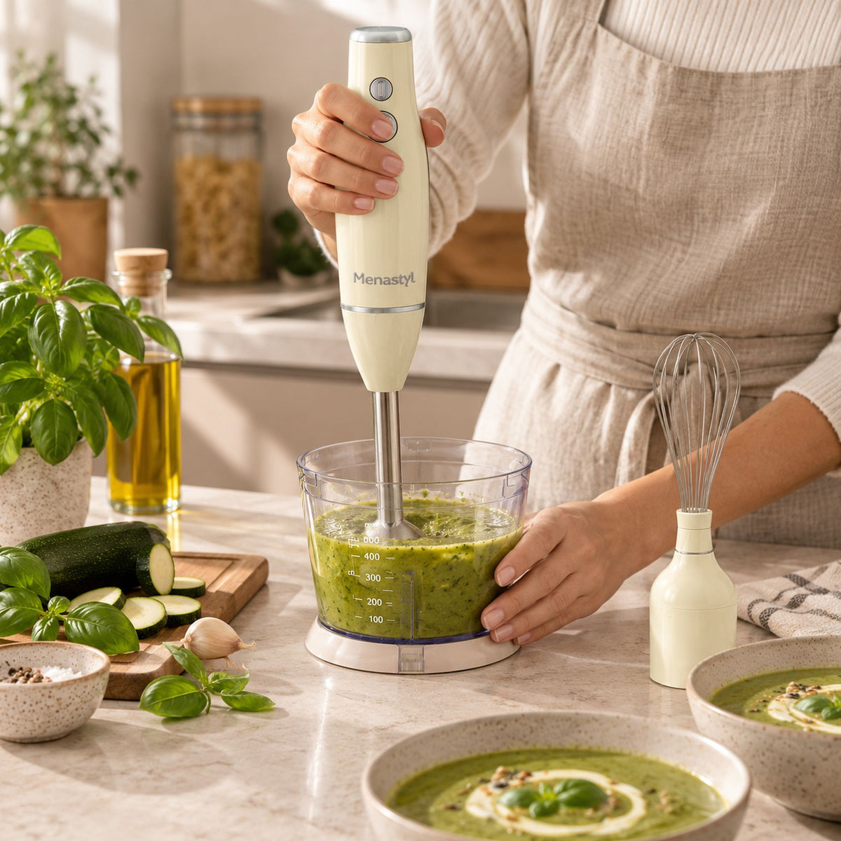 Personne utilisant un mixeur plongeant 3 en 1 rétro beige pour préparer une soupe verte de courgettes dans un bol doseur