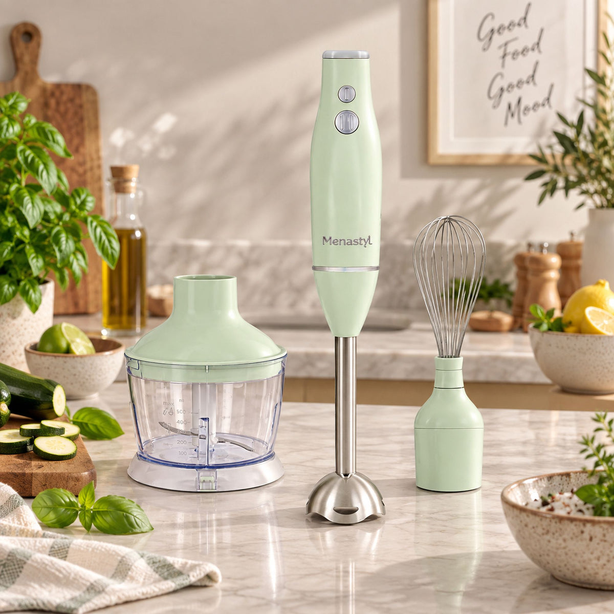 Mixeur plongeant 3 en 1 vert menthe avec bol hachoir et fouet, ambiance cuisine moderne avec légumes frais