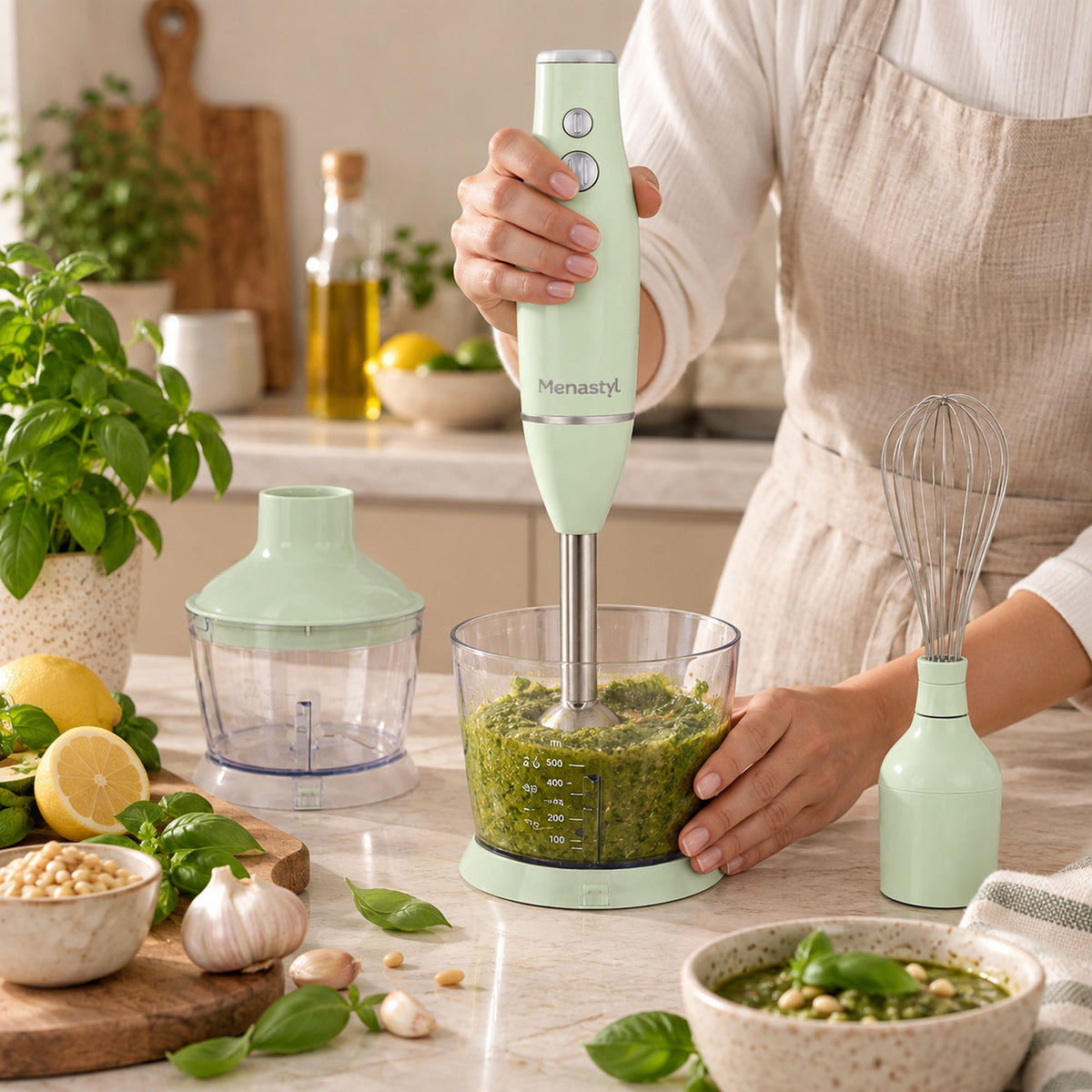 Personne utilisant un mixeur plongeant 3 en 1 vert menthe pour préparer du pesto dans un bol gradué