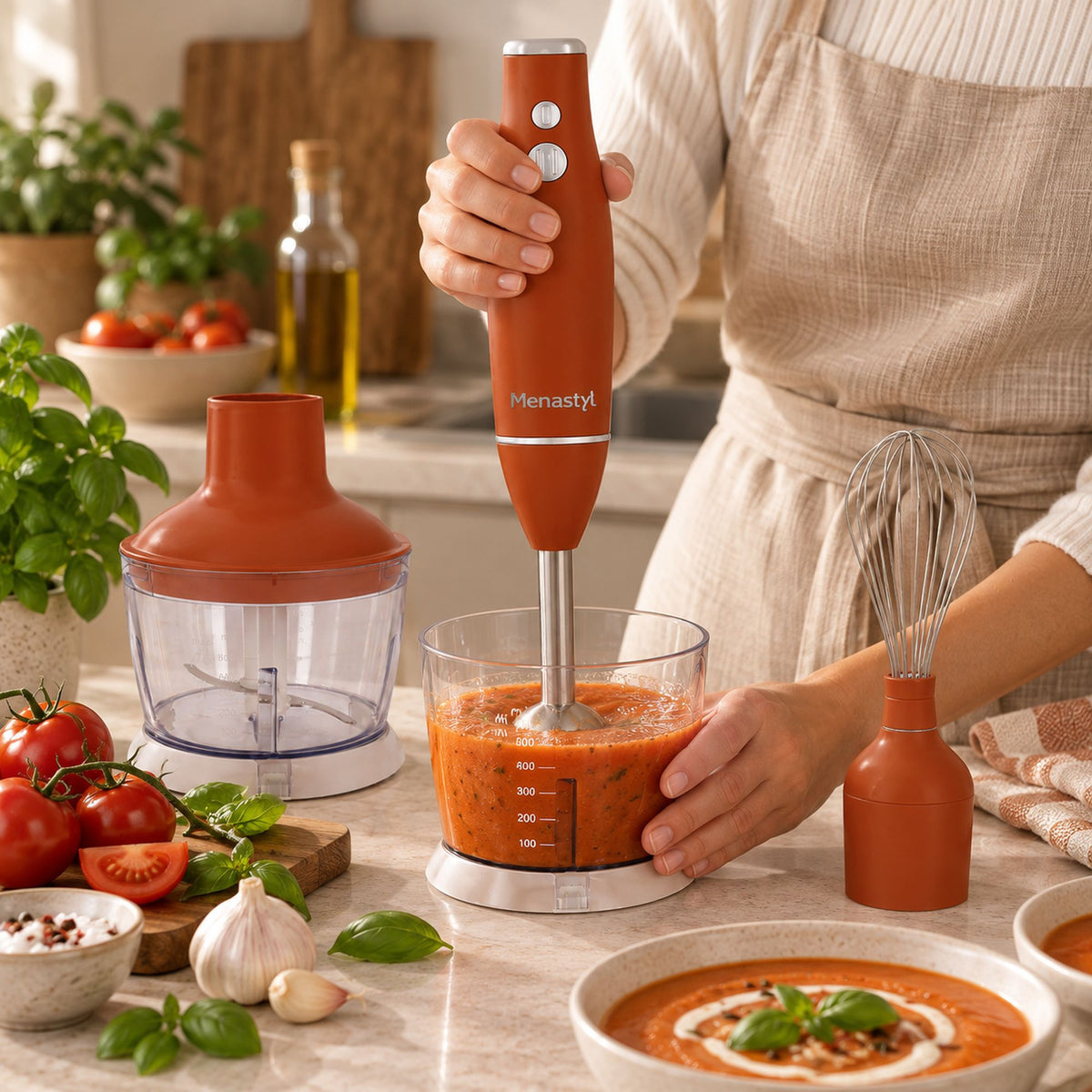 Utilisation du mixeur multifonction 3 en 1 rétro orange pour préparer une sauce tomate fraîche en cuisine
