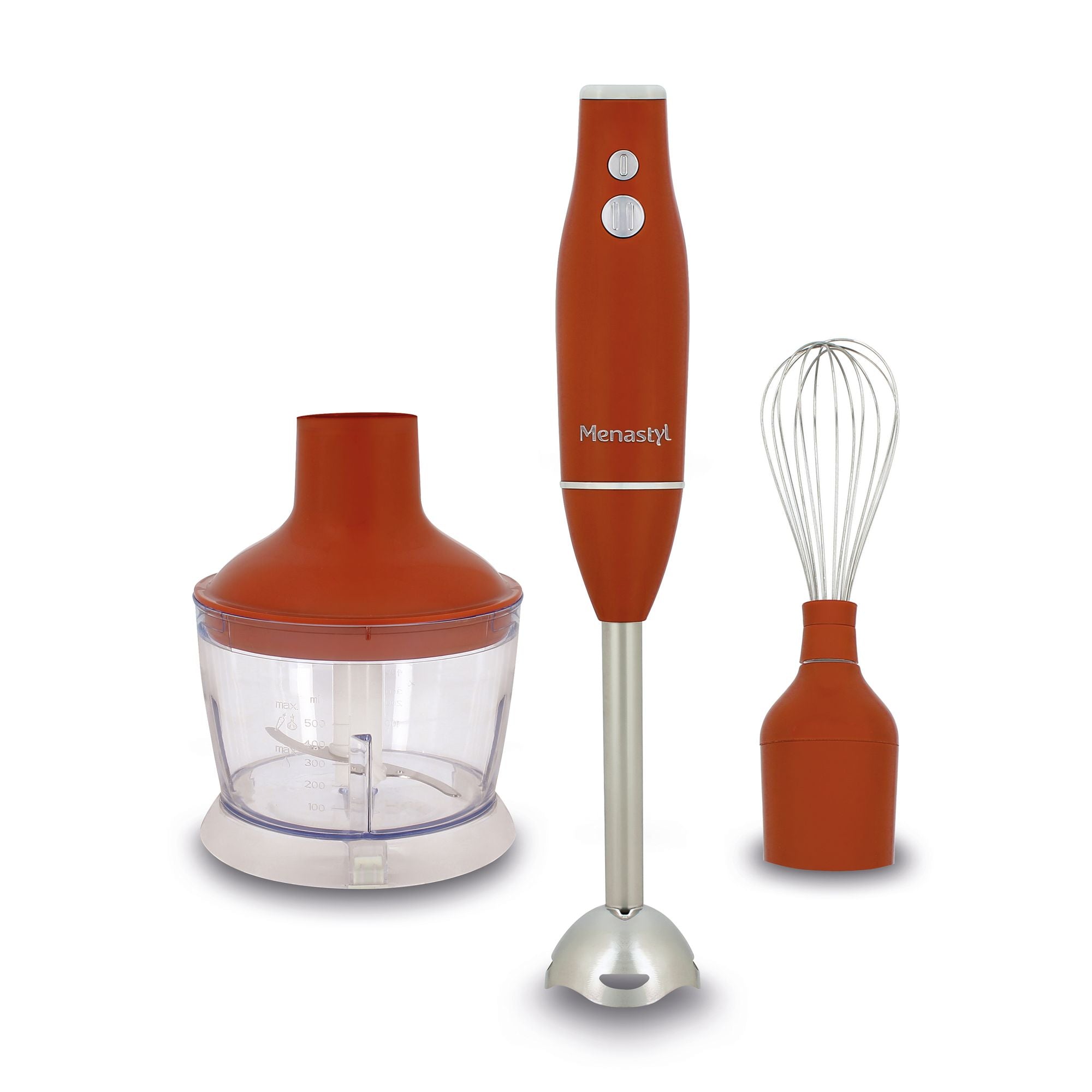 Mixeur multifonction 3 en 1 rétro orange avec accessoires : pied mixeur, bol hachoir et fouet, vue d'ensemble