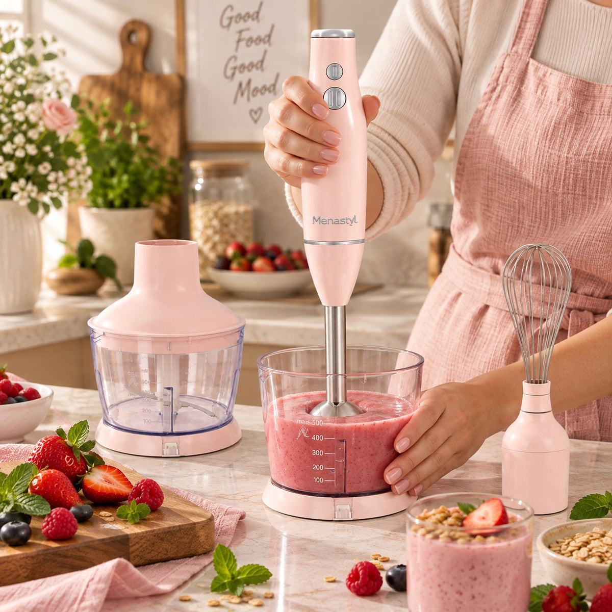 Utilisation du mixeur plongeant 3 en 1 rose pour préparer un smoothie aux fruits rouges dans la cuisine