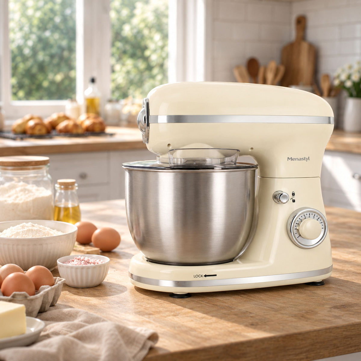 Robot pâtissier Menastyl 5L couleur crème avec bol inox, posé sur plan de travail bois avec ingrédients de pâtisserie