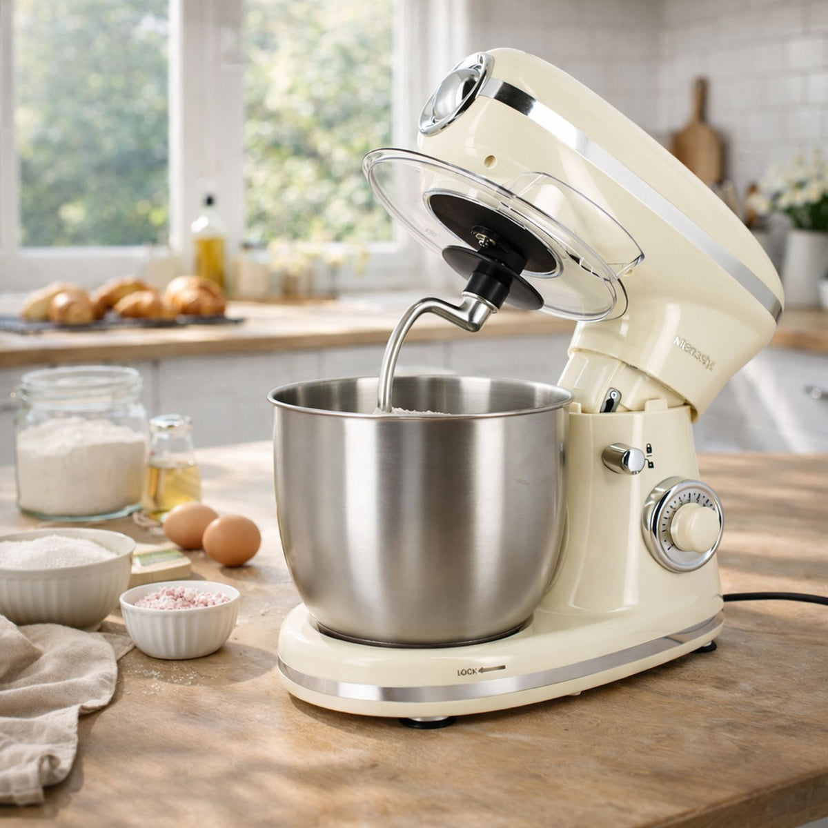 Robot pâtissier multifonction Menastyl 5L couleur crème en situation, head levée avec fouet, bol inox et ingrédients pâtisserie