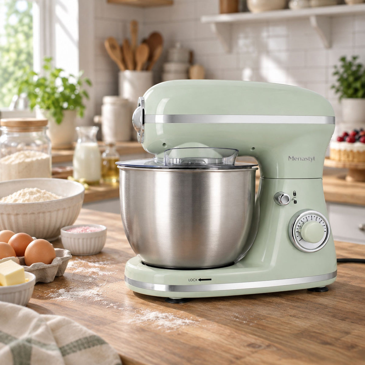 Robot pâtissier multifonction 5L vert menthe avec bol inox sur plan de travail en bois, ambiance cuisine rétro