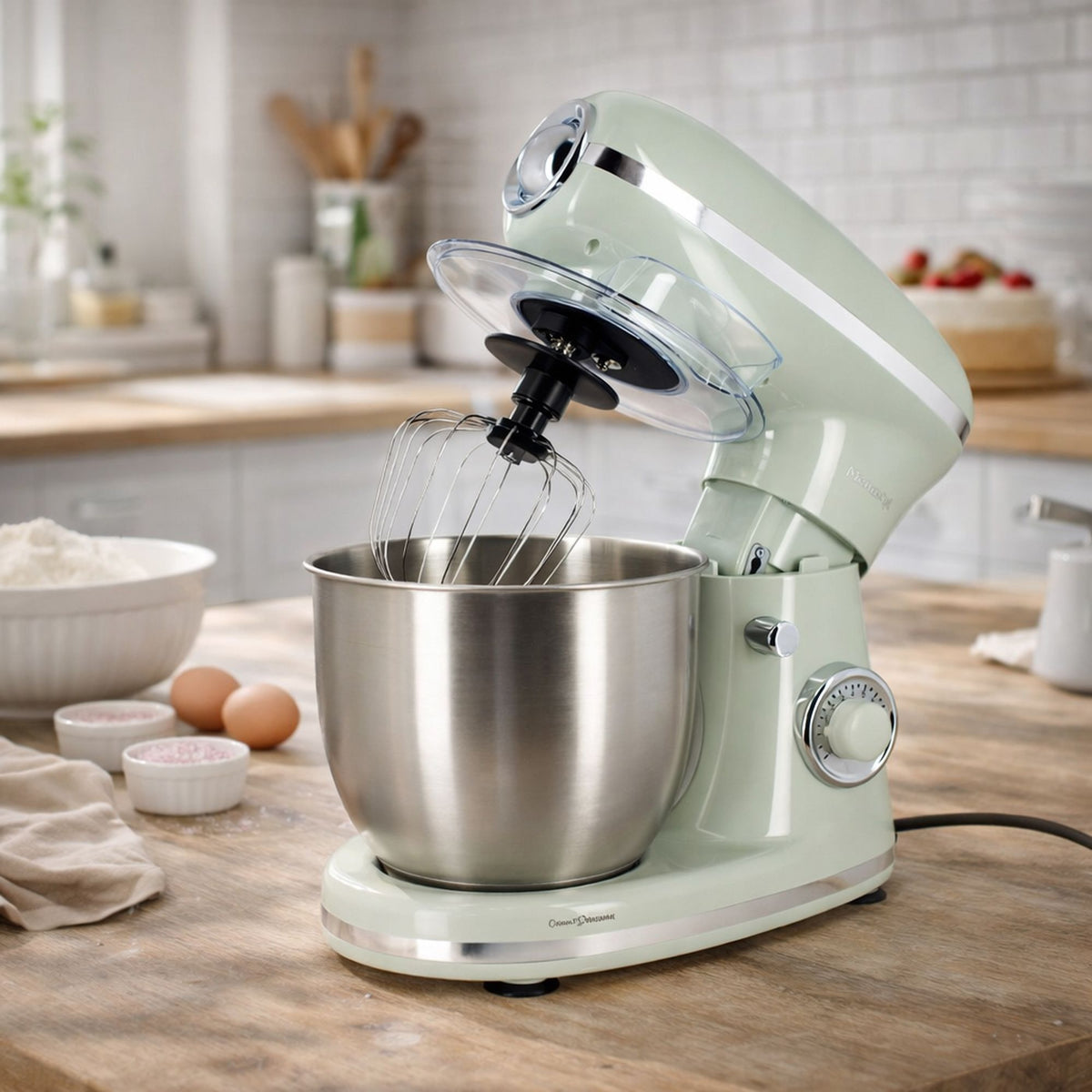 Robot pâtissier multifonction rétro vert menthe 5L avec bol inox et fouet, sur plan de travail cuisine avec ingrédients pâtisserie