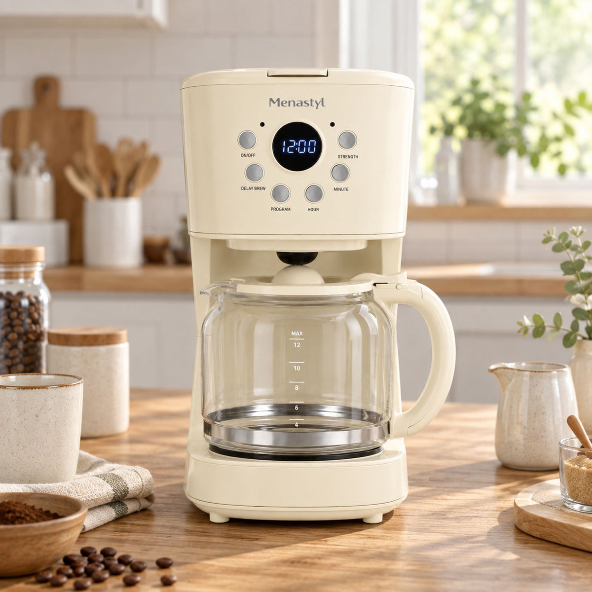 Cafetière rétro 1,5L crème posée sur plan de travail bois dans une cuisine lumineuse avec accessoires