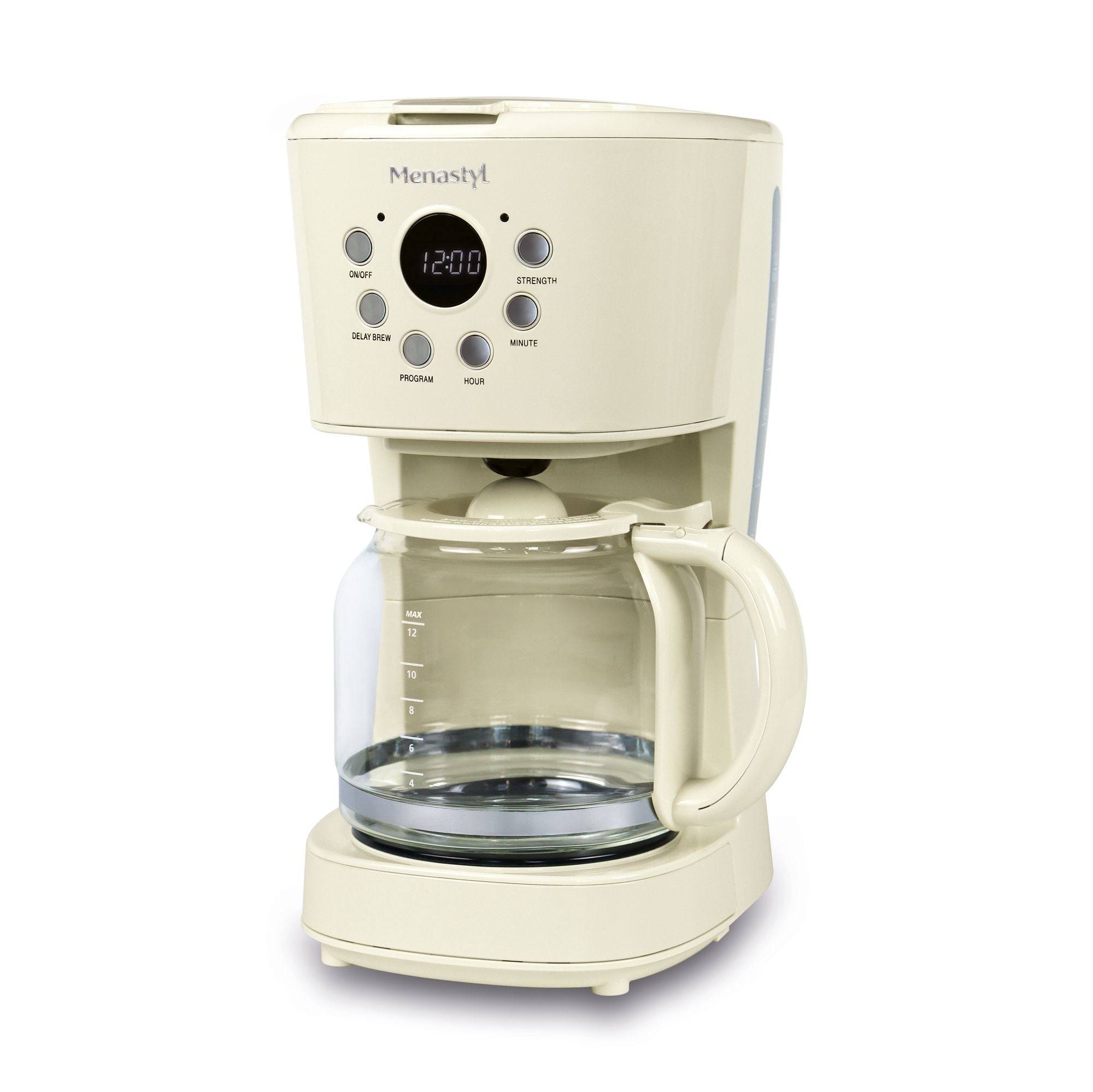 Cafetière rétro beige 1,5L en polypropylène avec verseuse en verre et panneau de commande digital, vue de face