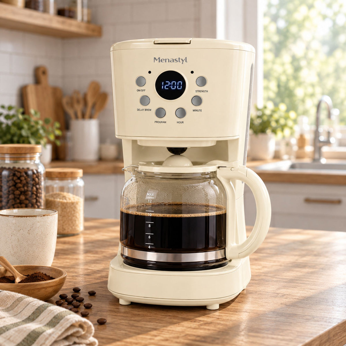 Cafetière rétro Menastyl 1,5L couleur crème avec carafe en verre et café fraîchement préparé sur plan de travail bois