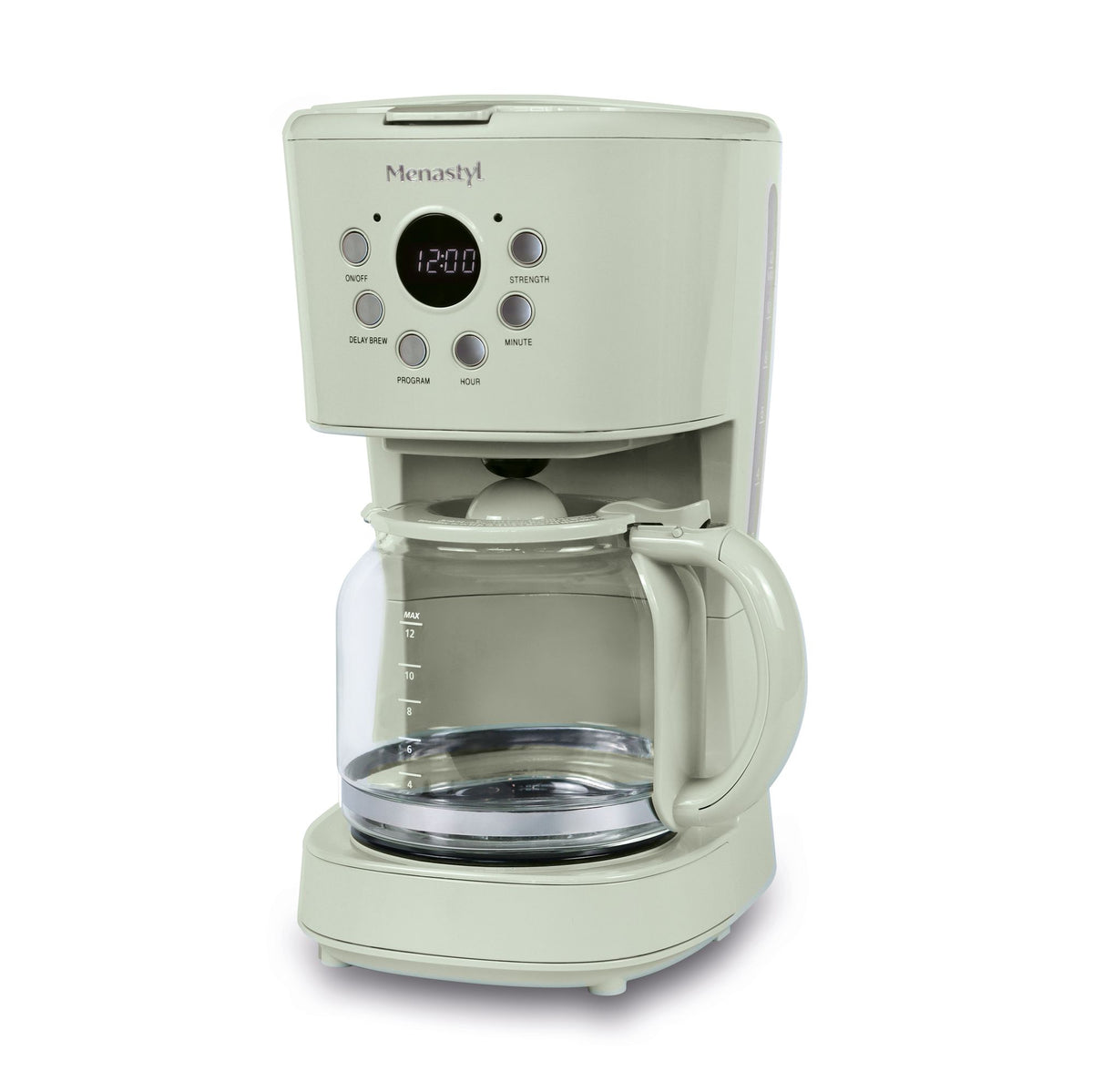 Cafetière électrique rétro 1,5L coloris vert sauge, vue de face avec carafe en verre et panneau de commande digital