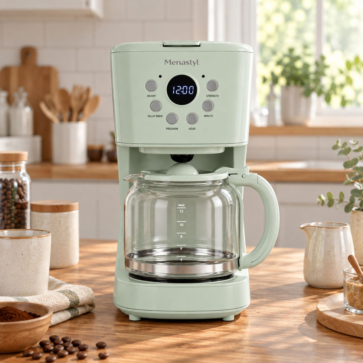 Cafetière rétro 1,5L Menastyl vert pastel sur plan de travail bois, ambiance cuisine lumineuse et naturelle
