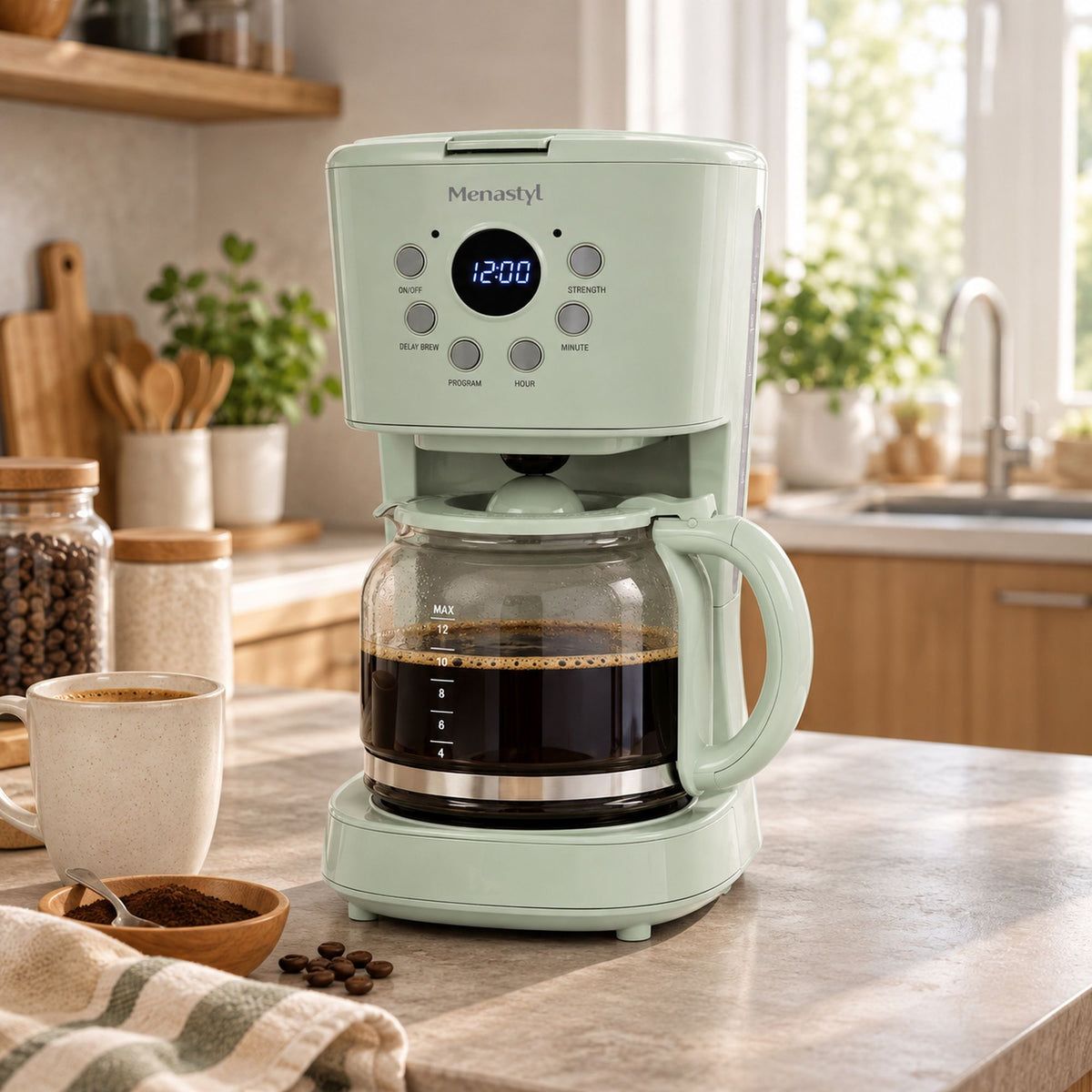 Cafetière rétro 1,5L vert menthe avec verseuse en verre remplie de café, posée sur plan de travail moderne