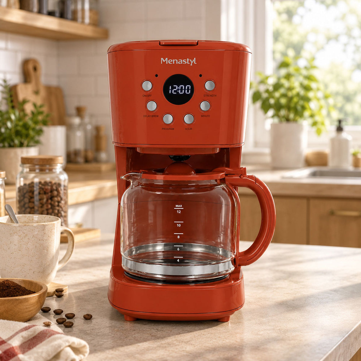 Cafetière rétro orange 1,5L sur plan de travail cuisine, avec tasse et grains de café, ambiance chaleureuse