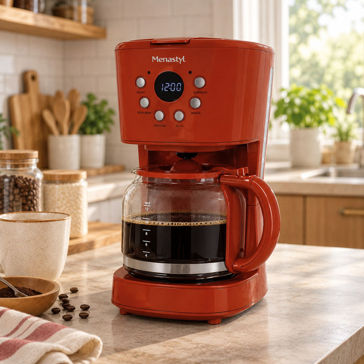Cafetière rétro rouge 1,5L Menastyl avec carafe en verre remplie de café, posée sur plan de travail de cuisine moderne