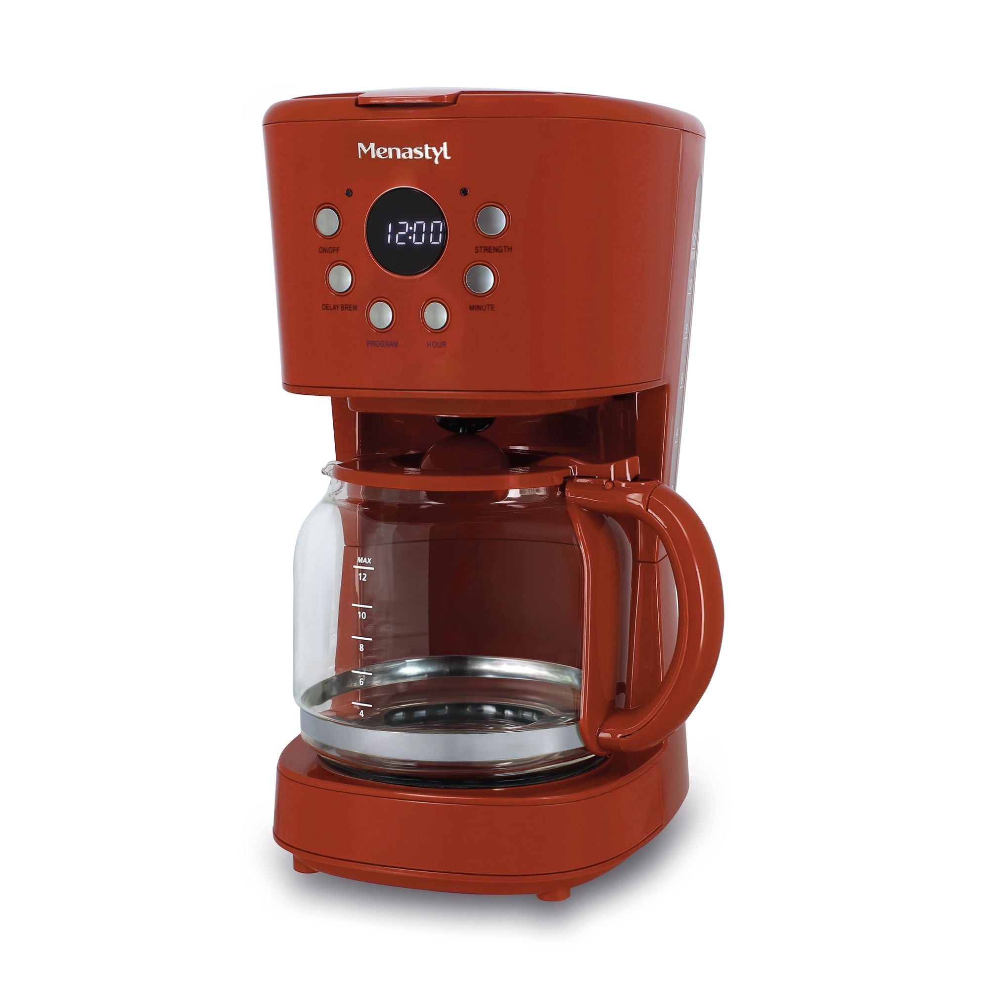Cafetière rétro terracotta 1,5L avec verseuse en verre et display digital, vue de face sur fond blanc