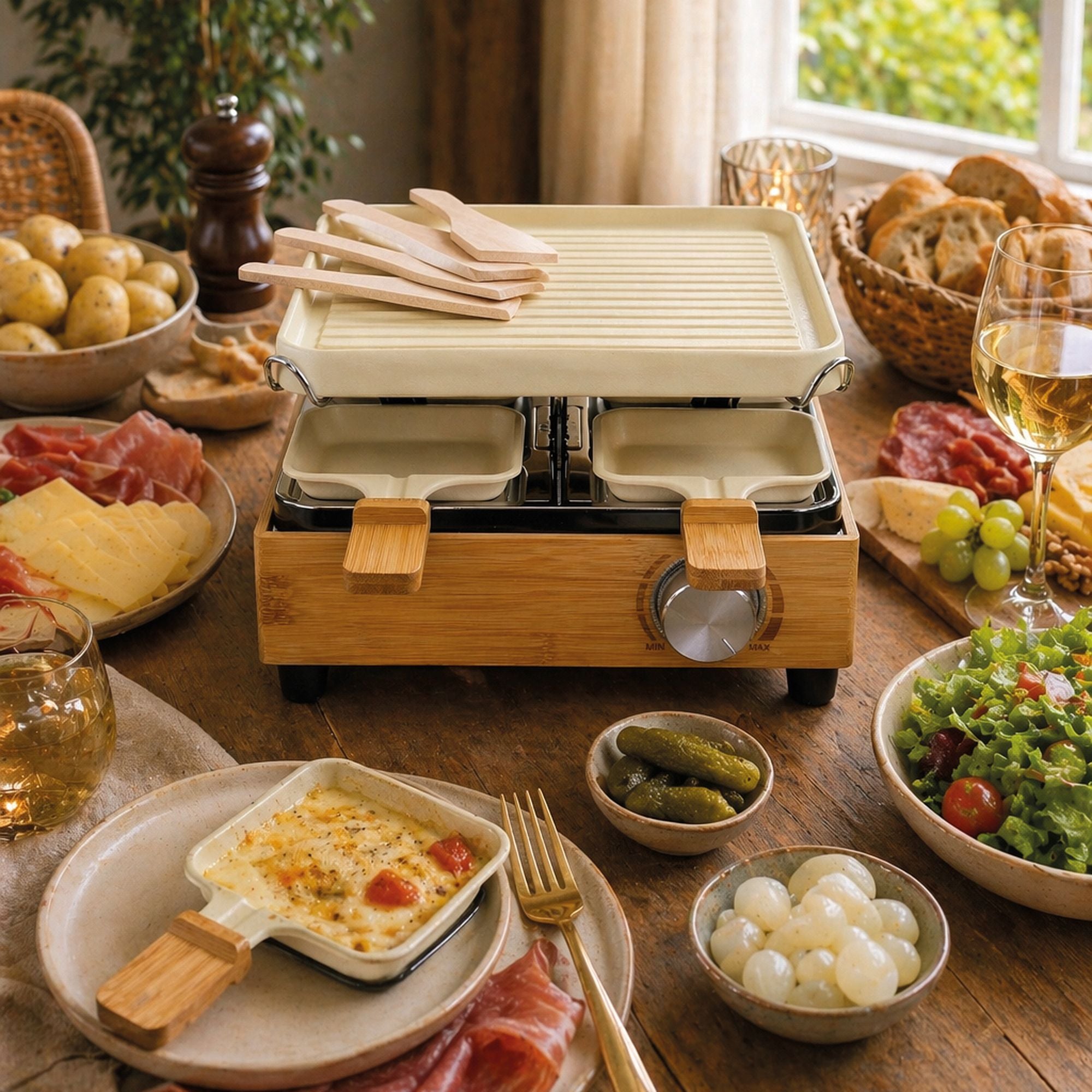 Appareil à raclette 4 personnes en aluminium et bambou