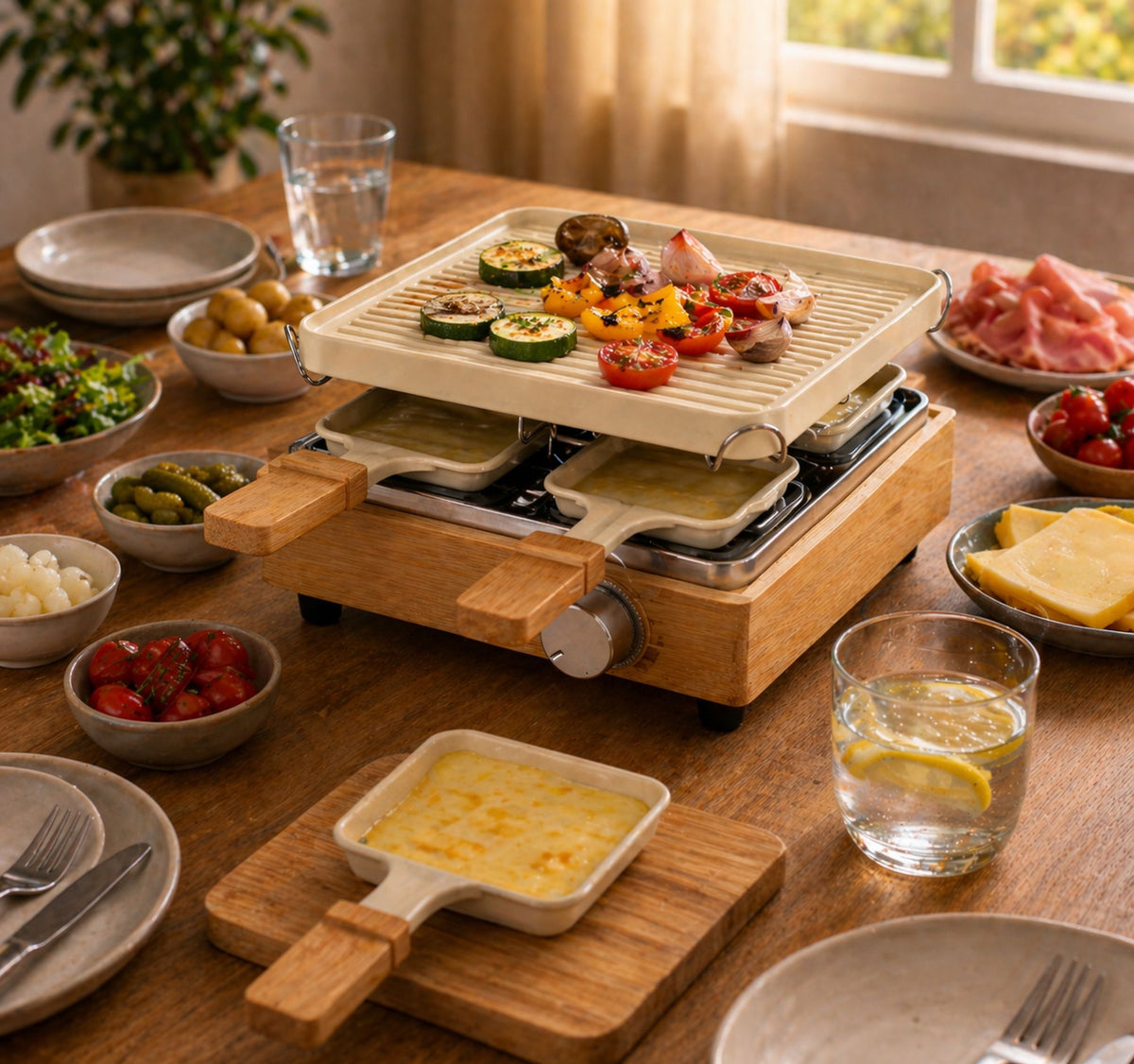 Appareil à raclette 4 personnes en bambou et aluminium, dressé sur table avec légumes grillés, fromages et charcuterie