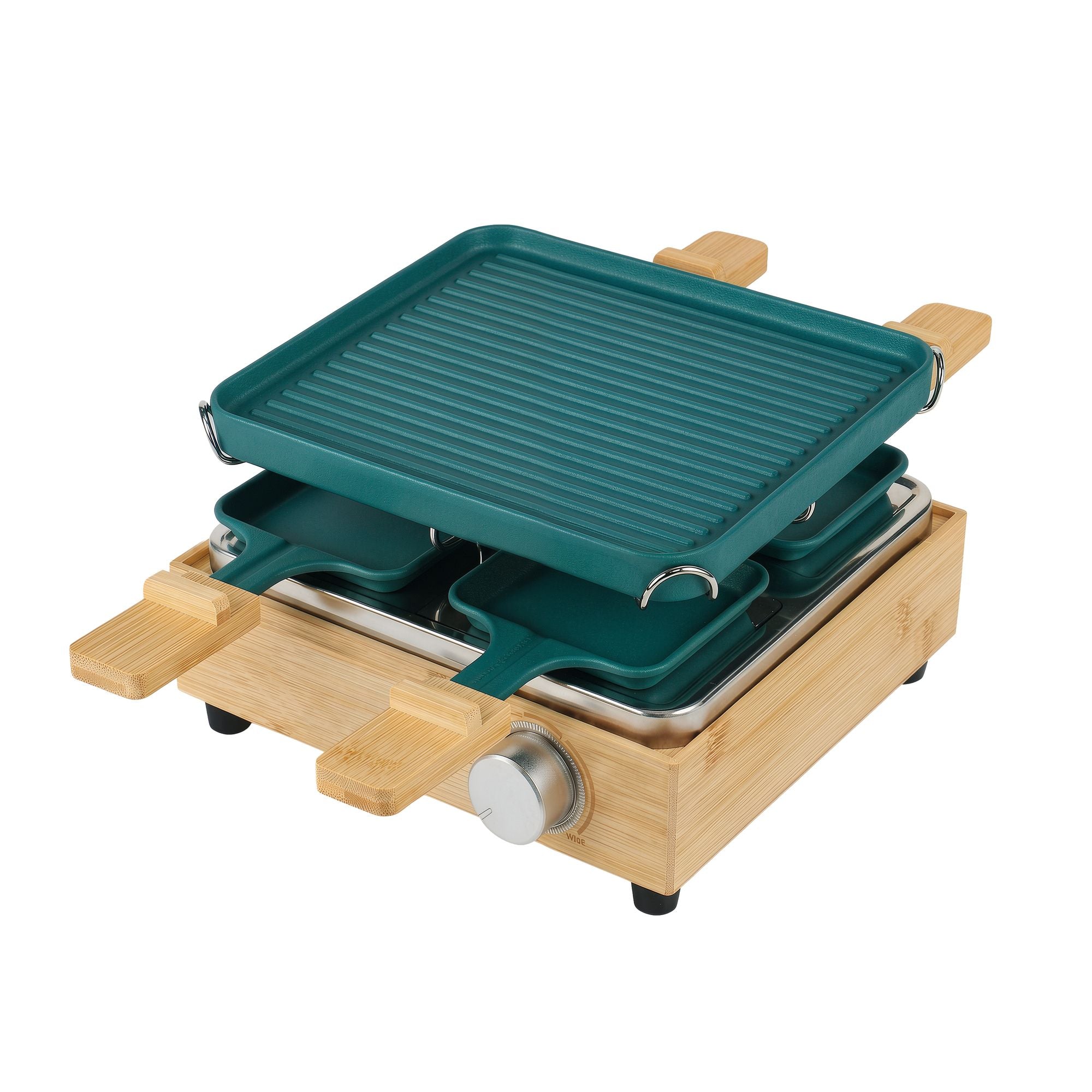 Appareil à raclette 4 personnes démonté, plaques de cuisson teal sur base bambou avec bouton de contrôle