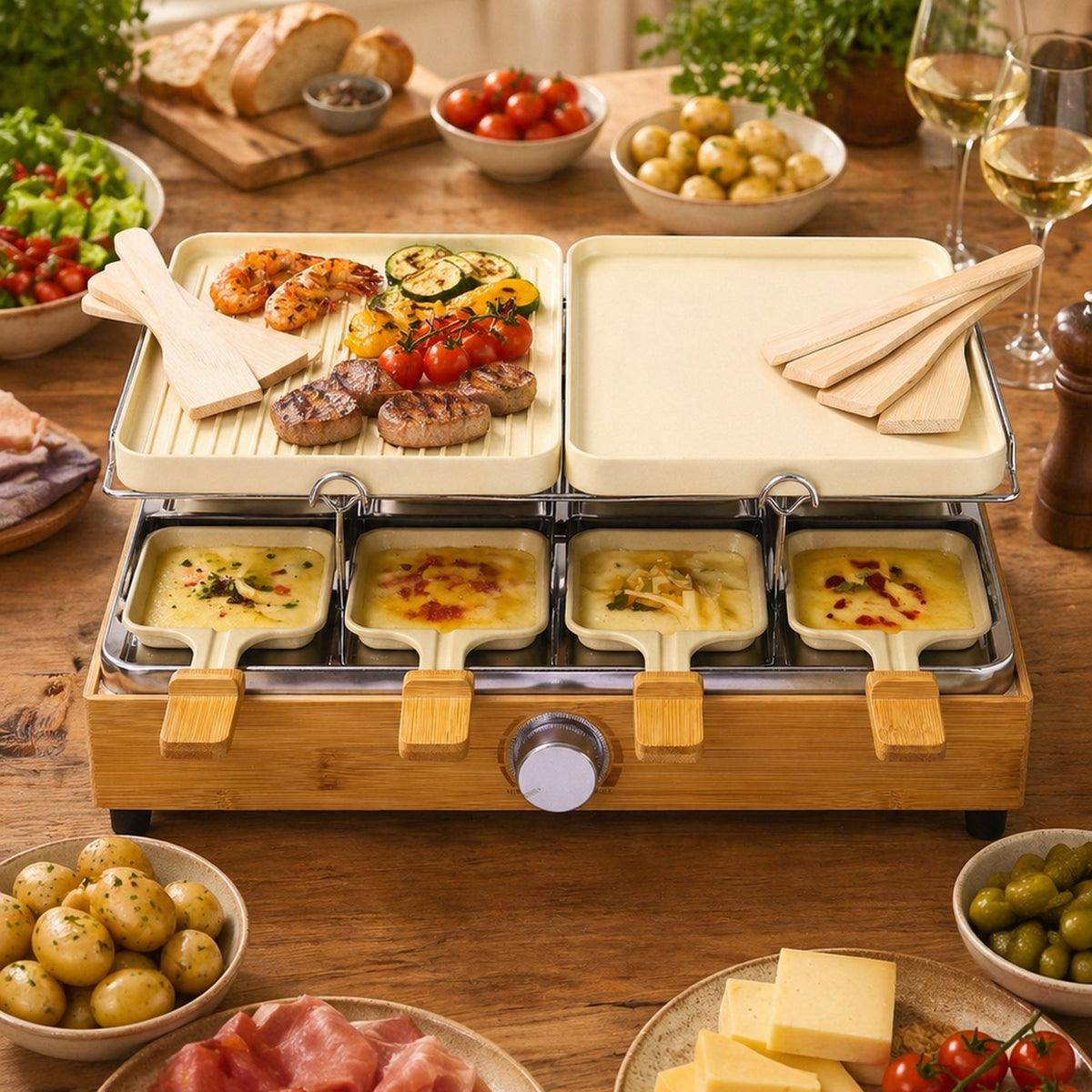 Appareil à raclette 8 personnes avec plaque grill, 4 coupelles à fromage et planche bambou en action lors d'un repas convivial