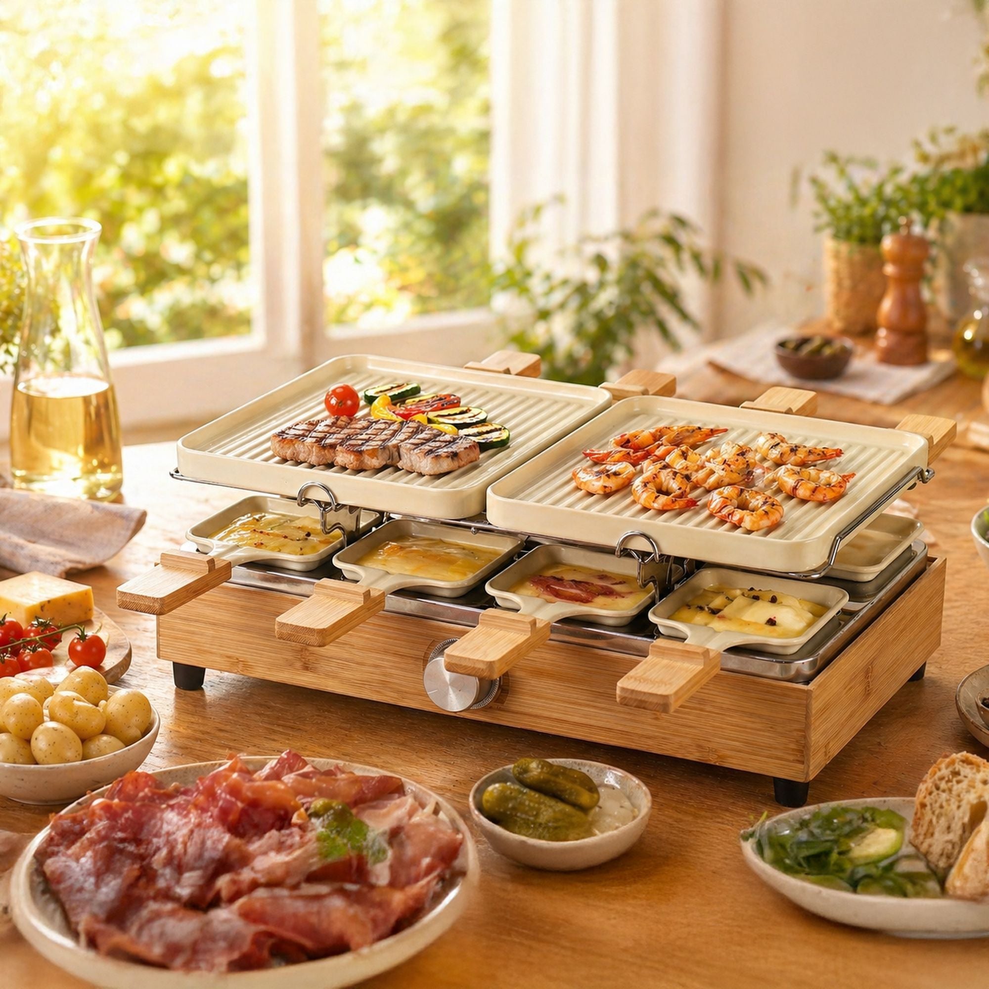 Appareil à raclette 8 personnes en aluminium crème et bambou