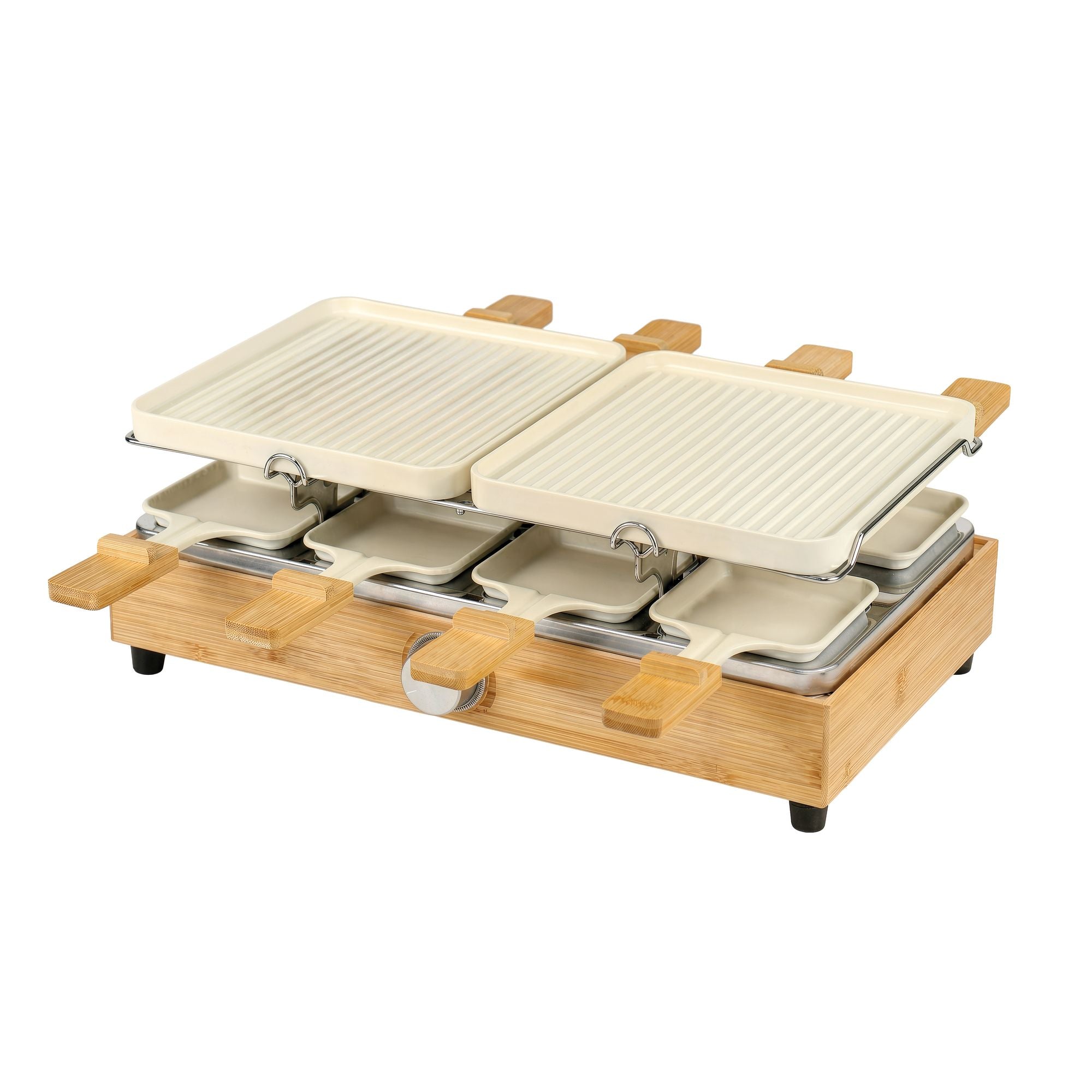 Appareil à raclette 8 personnes en aluminium crème et bambou
