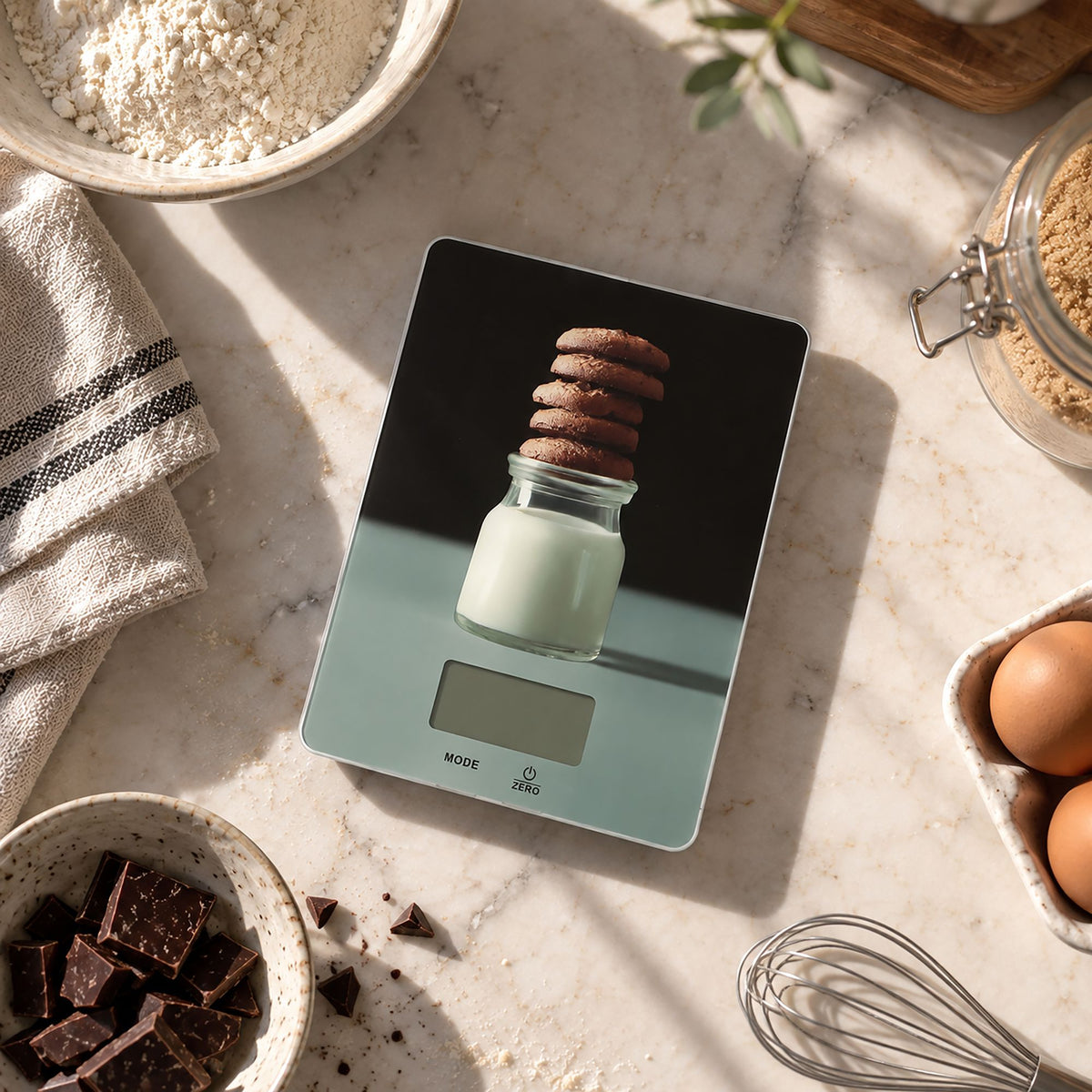Balance de cuisine électronique avec plateau verre design, pot de lait et cookies, ambiance pâtisserie