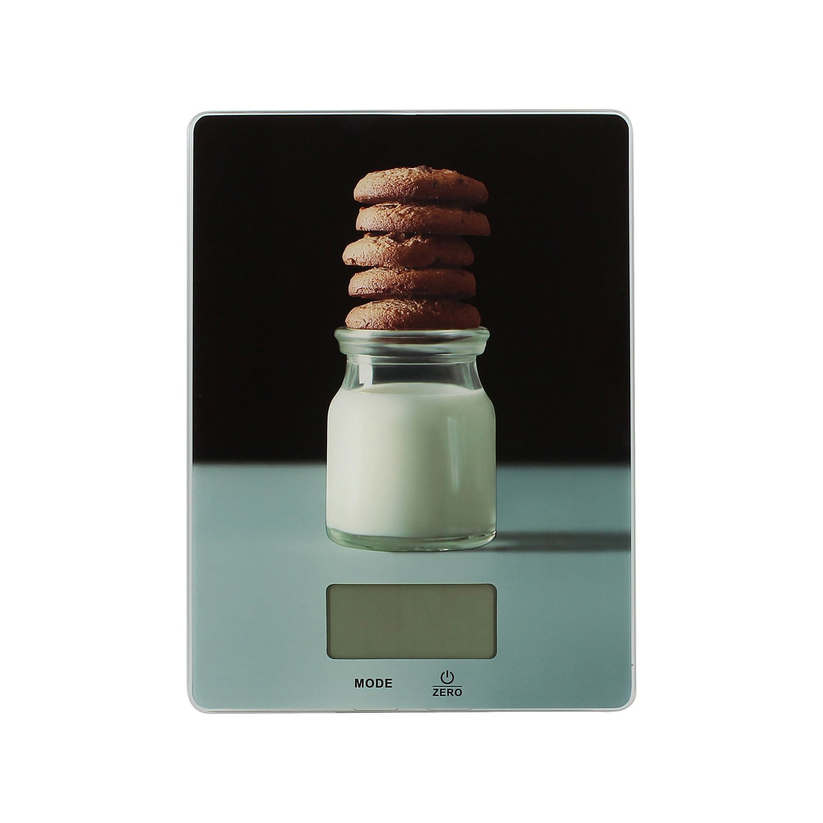 Balance de cuisine électronique Menastyl avec plateau verre trempé, bocal de lait et cookies empilés, fond noir