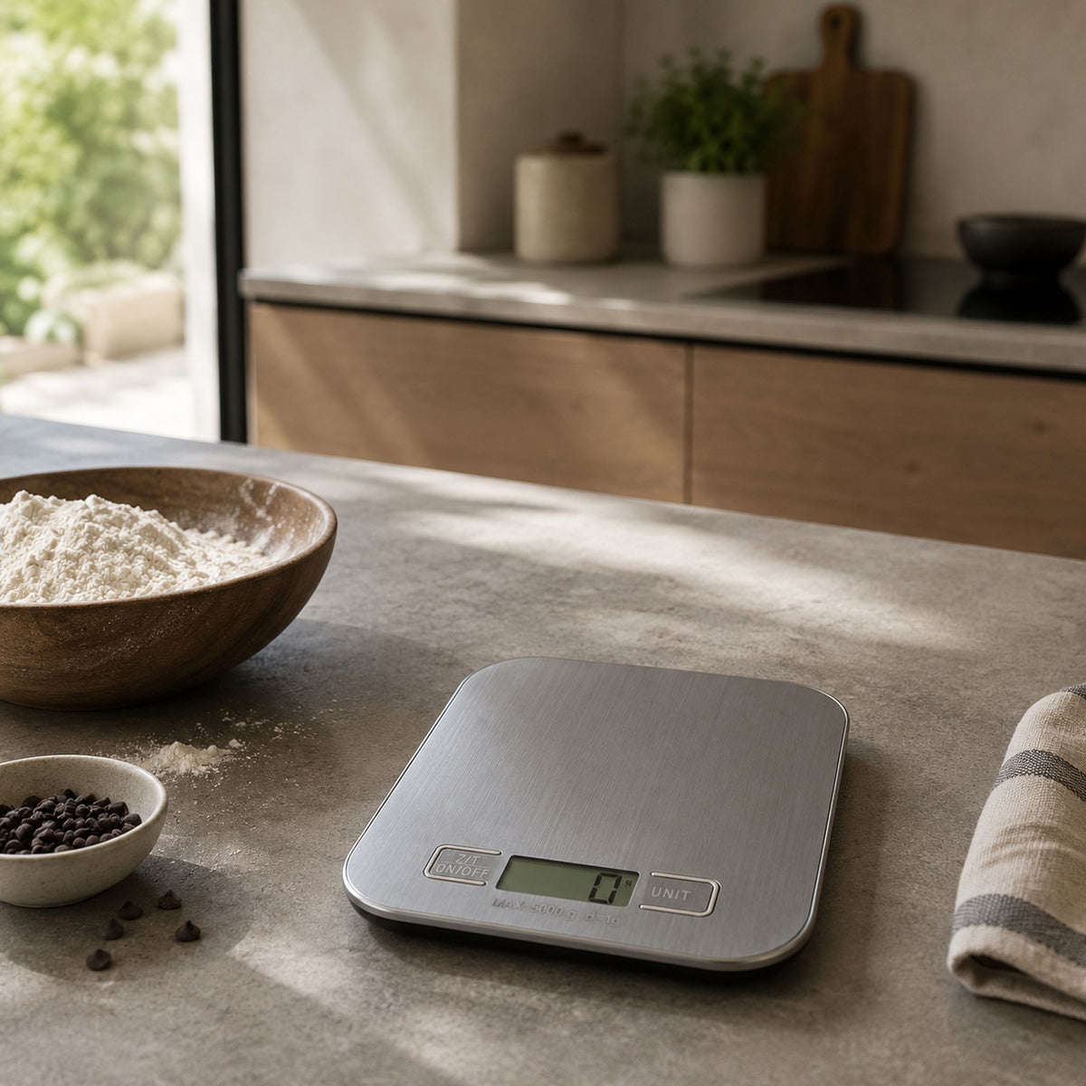 Balance de cuisine électronique en inox posée sur plan de travail, écran digital, bol de farine et épices en arrière-plan