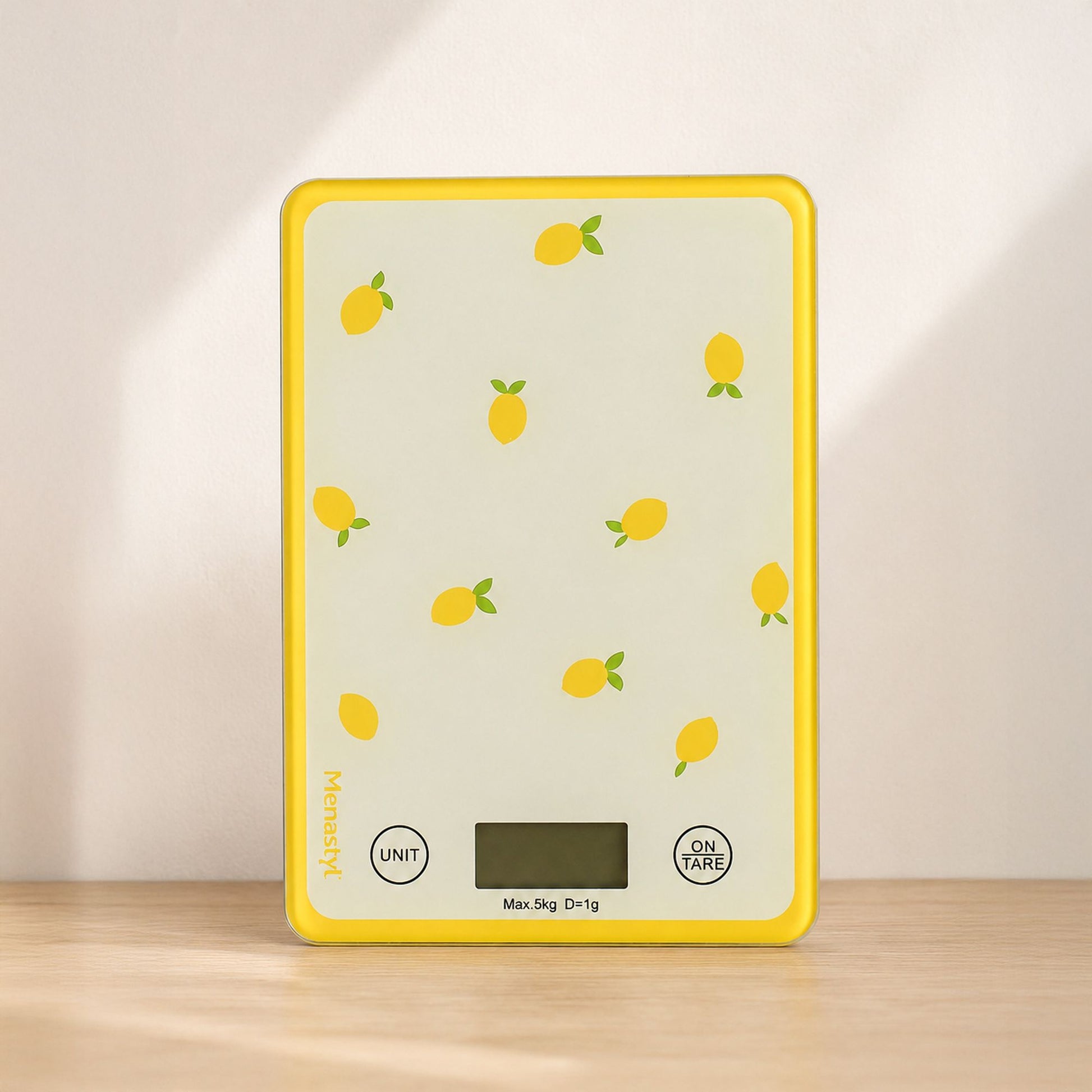 Balance de cuisine électronique motif citrons jaunes sur fond crème avec bordure jaune vif