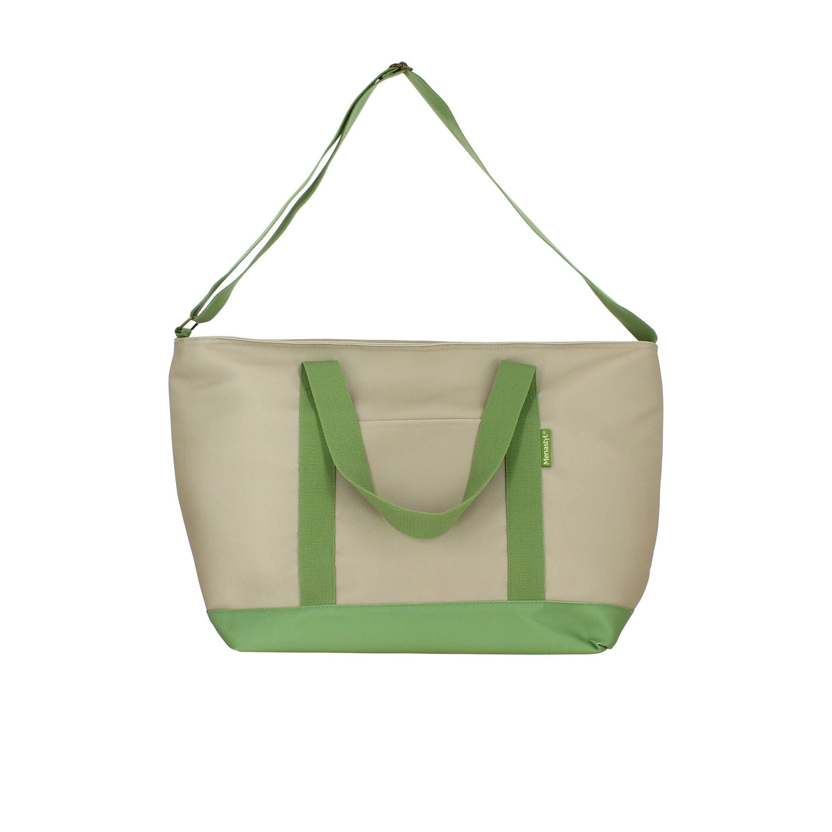 Sac lunch Colorama 26L beige et olive suspendu, vue de face avec bandoulière et poignées vertes