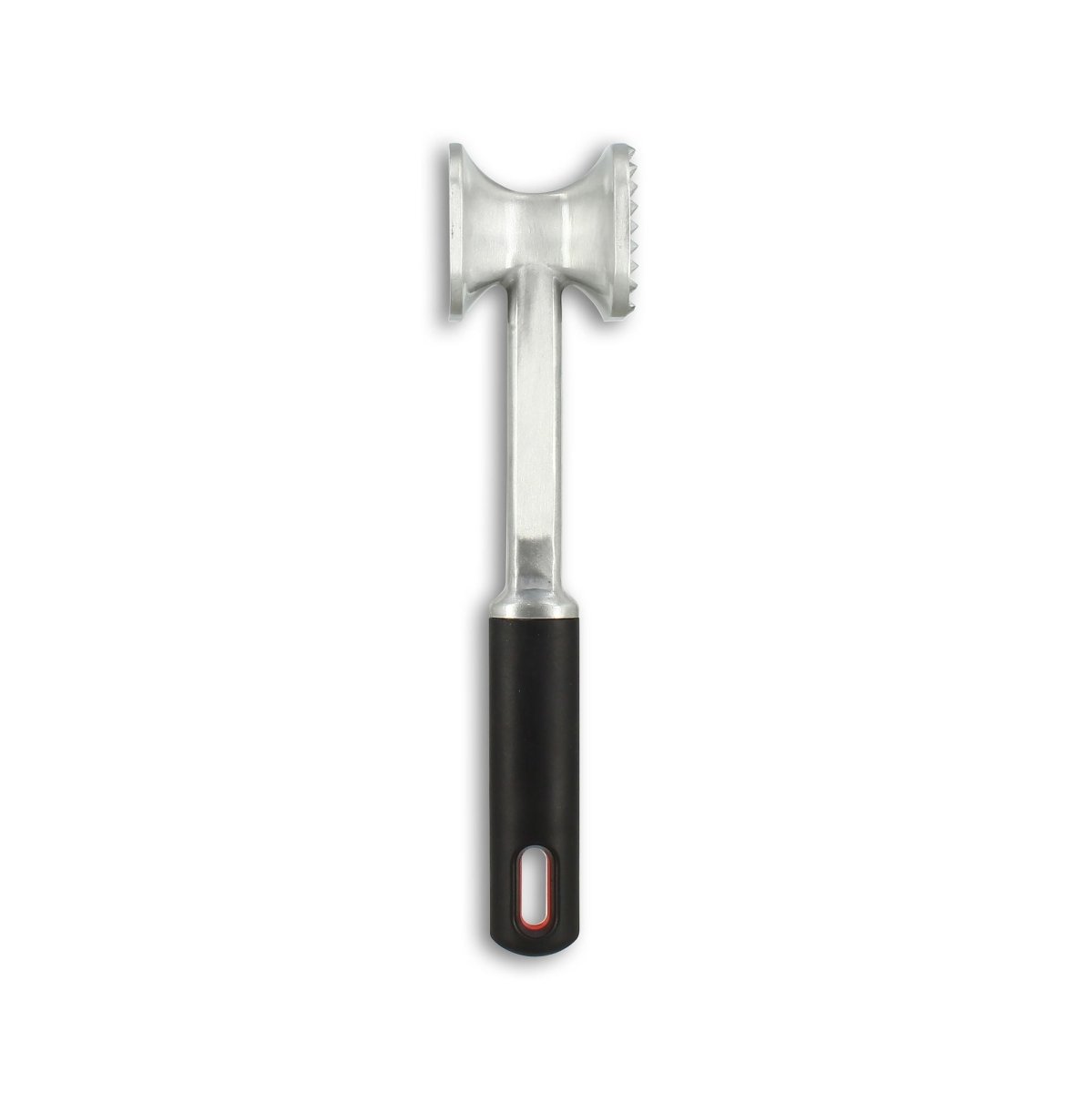 Attendrisseur de viande Menastyl en aluminium avec manche noir, double face à picots dentelés, vue complète sur fond blanc