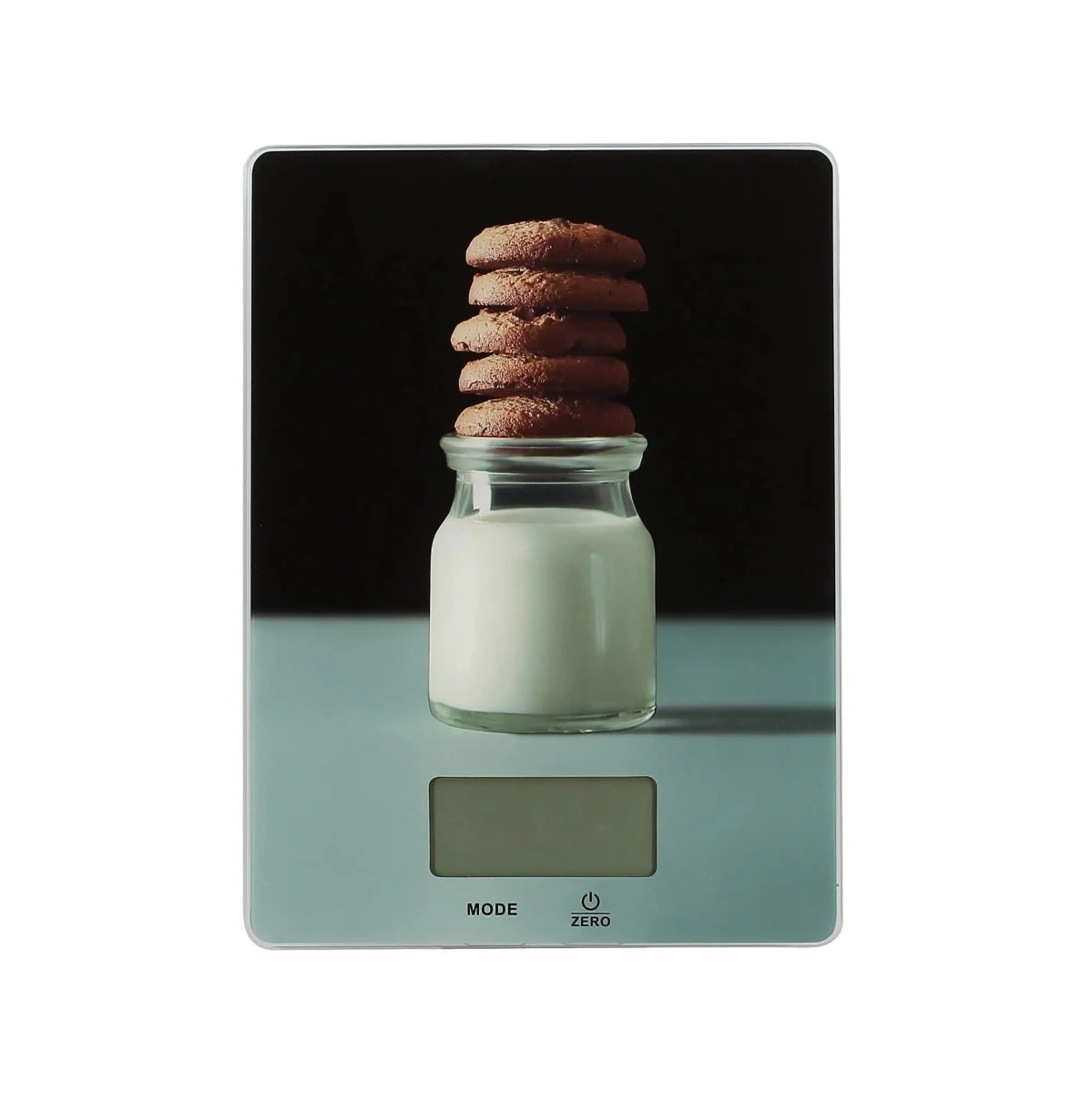 Balance de cuisine électronique Menastyl Biscuit avec plateau verre trempé, pot de lait et cookies empilés