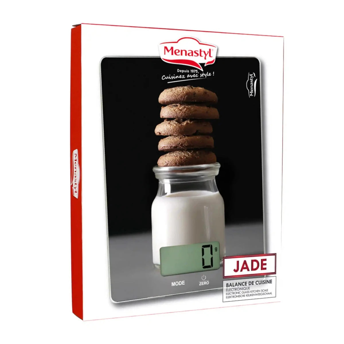 Balance de cuisine électronique Jade avec plateau en verre, cookies empilés sur bocal de lait, affichage digital