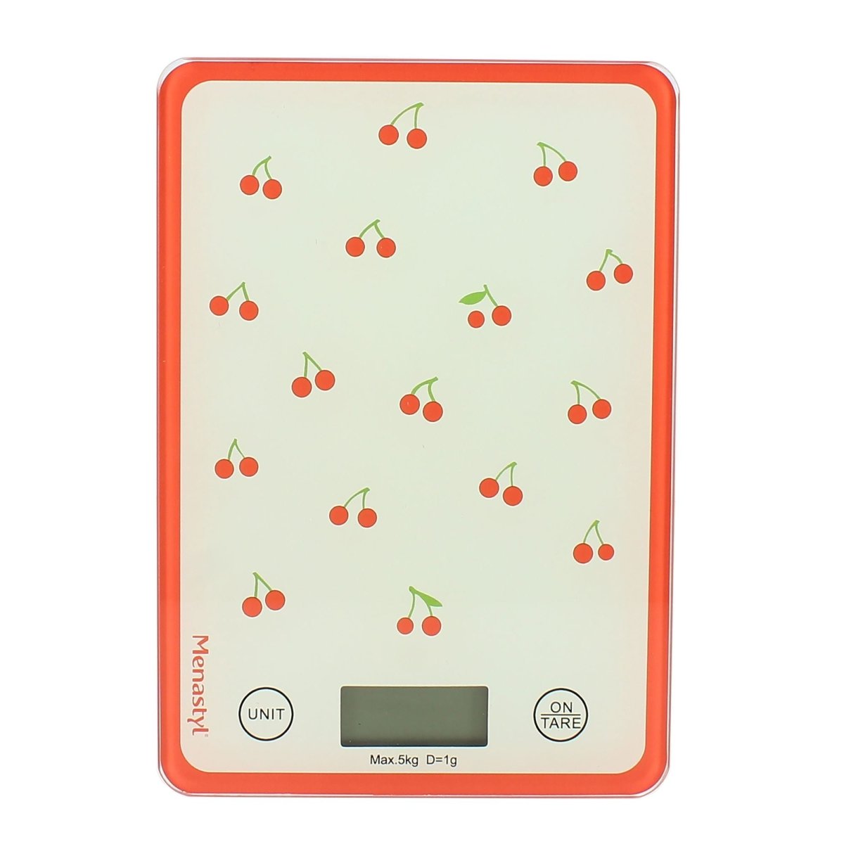 Balance de cuisine électronique Menastyl motif cerises rouge sur fond beige crème, vue de face